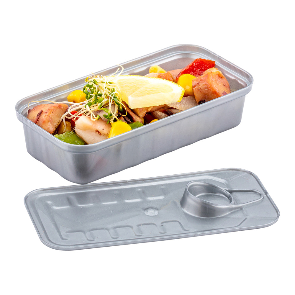 100 Pack 2 oz Rectangle Silver Plastic Tin Containers with 100 Silver Mini Plastic Forks - Perfect for Party Favors, Wedding Decorations, and DIY Crafts