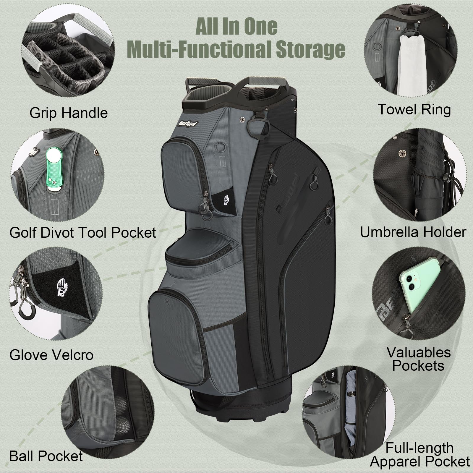 **15-Way Golf Cart Bag with Full-Length Dividers - Lightweight Golf Club Bag for Men & Women - Includes Cooler & Rain Cover - Perfect for Tournaments, Driving Range & Golf Outings**