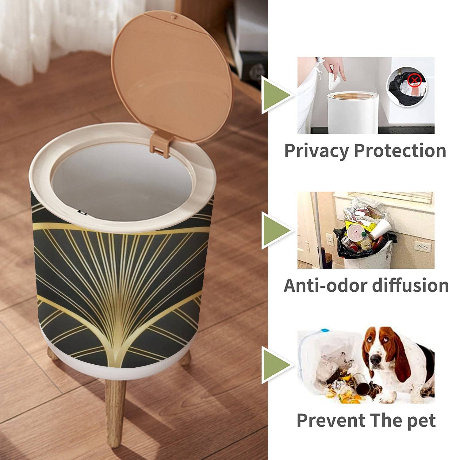 Art Deco Small Trash Can with Lid - Seamless Geometric Decorative Wood Waste Bin, 8.66x14.3 Inch Round Garbage Bin with Press Cover for Bathroom, Bedroom, Office & Kitchen - Perfect for Home Decor and Waste Management