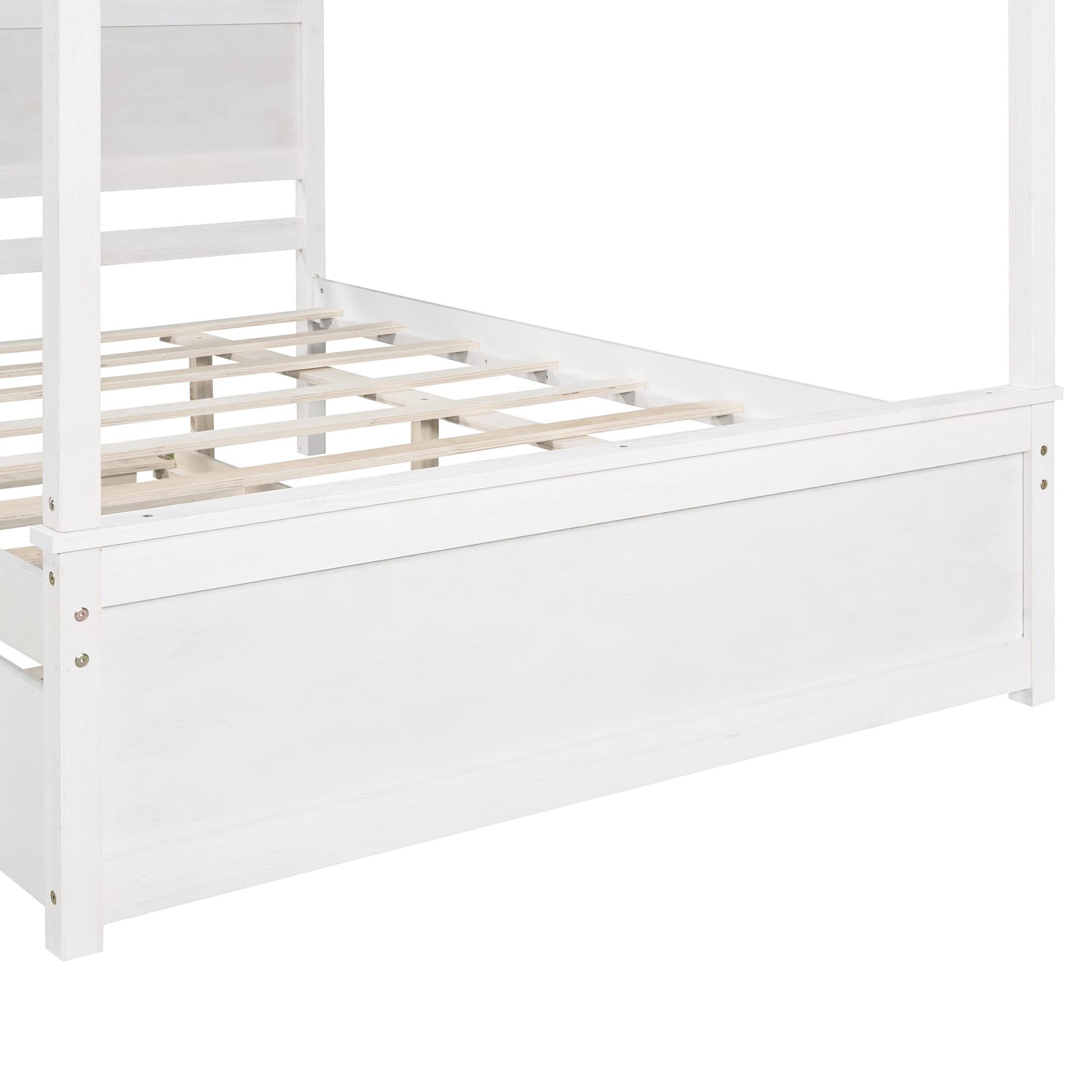 KLMM Full Size Modern Wood Canopy Bed with Trundle - Platform Bed Frame with Support Slats, No Box Spring Required (White Finish + Canopy) - Perfect for Guest Rooms, Kids' Bedrooms & Space-Saving Small Apartments