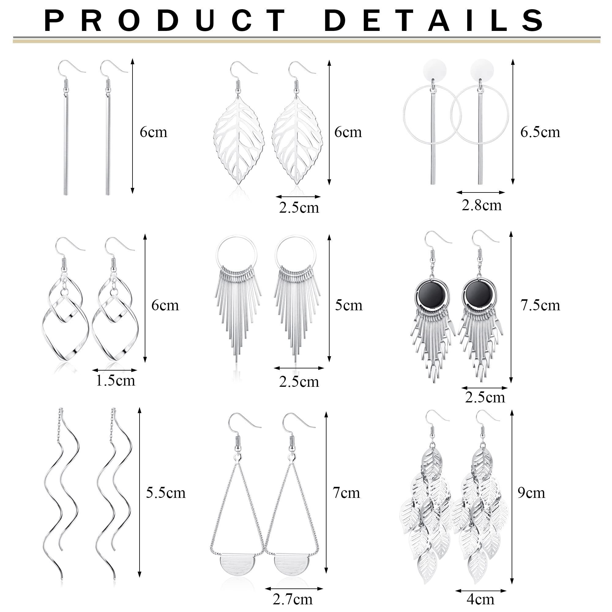 JeweBella 9 Pairs Hypoallergenic Stainless Steel Drop Dangle Earrings for Women - Boho Vintage Silver & Gold Wave Leaf Tassel Long Bar Earrings Set | Fashion Jewelry Gift for Parties, Weddings & Everyday Wear
