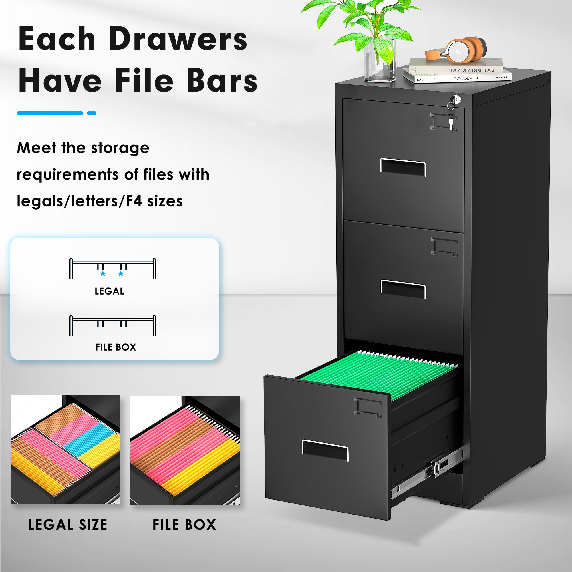 Greenvelly 3-Drawer Locking Metal File Cabinet - 18