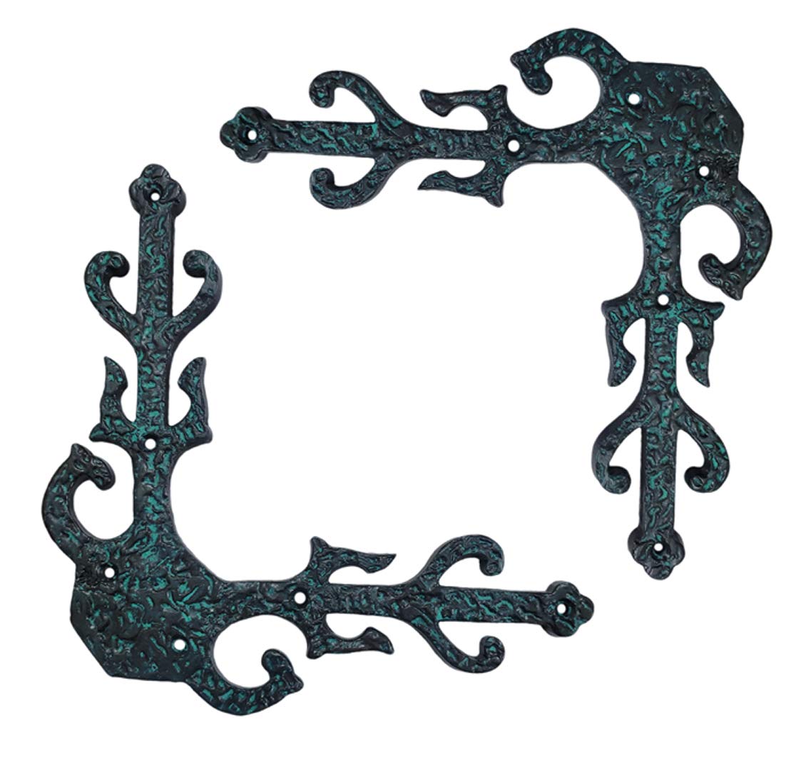 Vintage Cast Iron Decorative Dummy Corner Door Straps - Heavy Duty Antique Faux Hinges L-Brackets with Green Patina Finish for Barn Doors, Wood Gates, Storage Trunks & Decorative Boxes | Rustic Home Decor, Farmhouse Style, DIY Furniture Projects