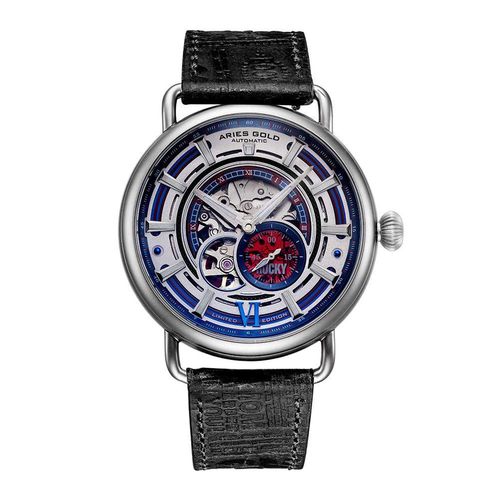 ARIES GOLD Automatic Rocky Limited Edition Invincible Silver Stainless Steel Men's Watch with Leather Strap - Model G9013 - Perfect for Formal Events, Business Meetings & Luxury Gifts