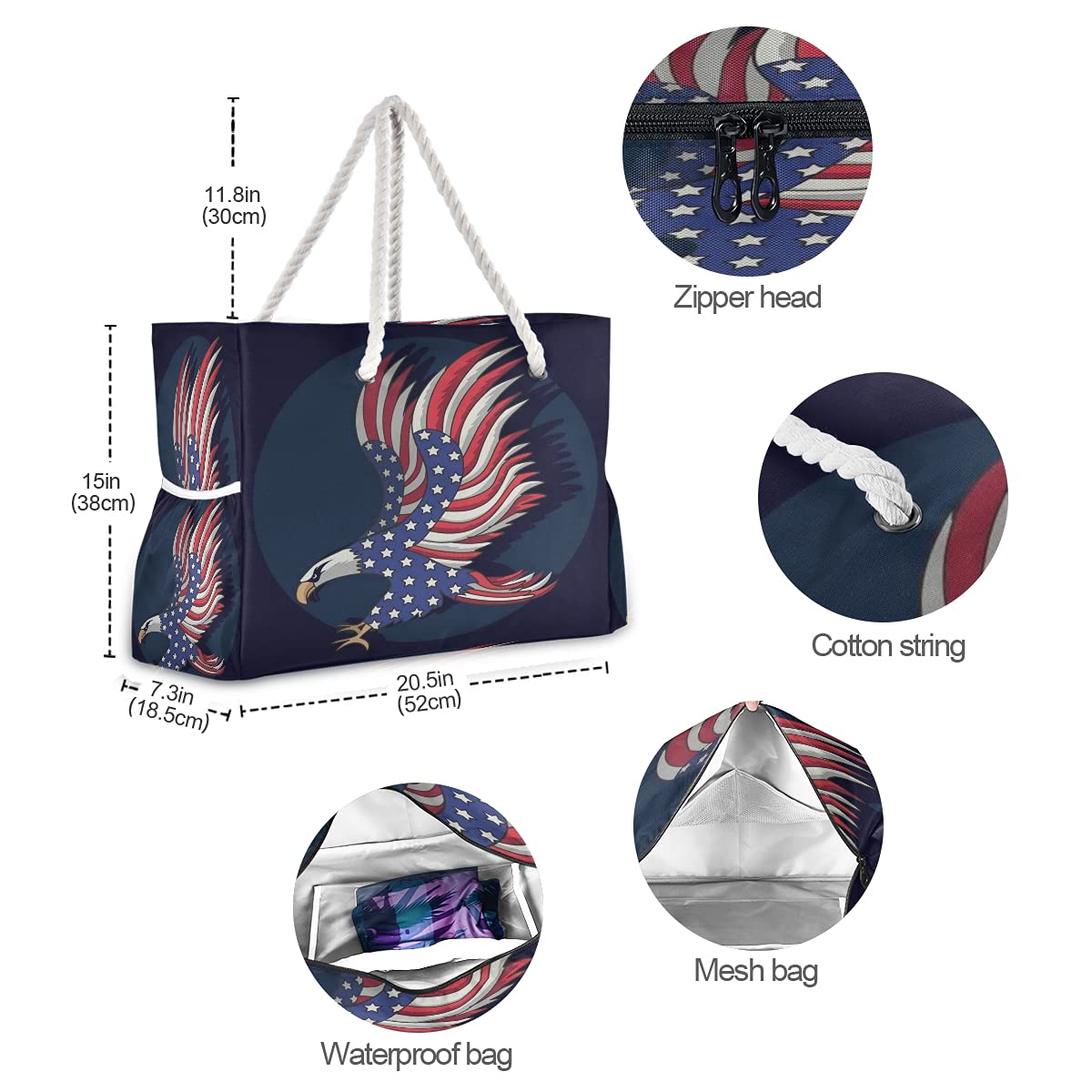 Large Waterproof Beach Tote Bag with Zipper - USA Flag Design for Women, Perfect for Pool, Gym & Travel | Durable Shoulder Bag for Summer Outings & Vacation Essentials