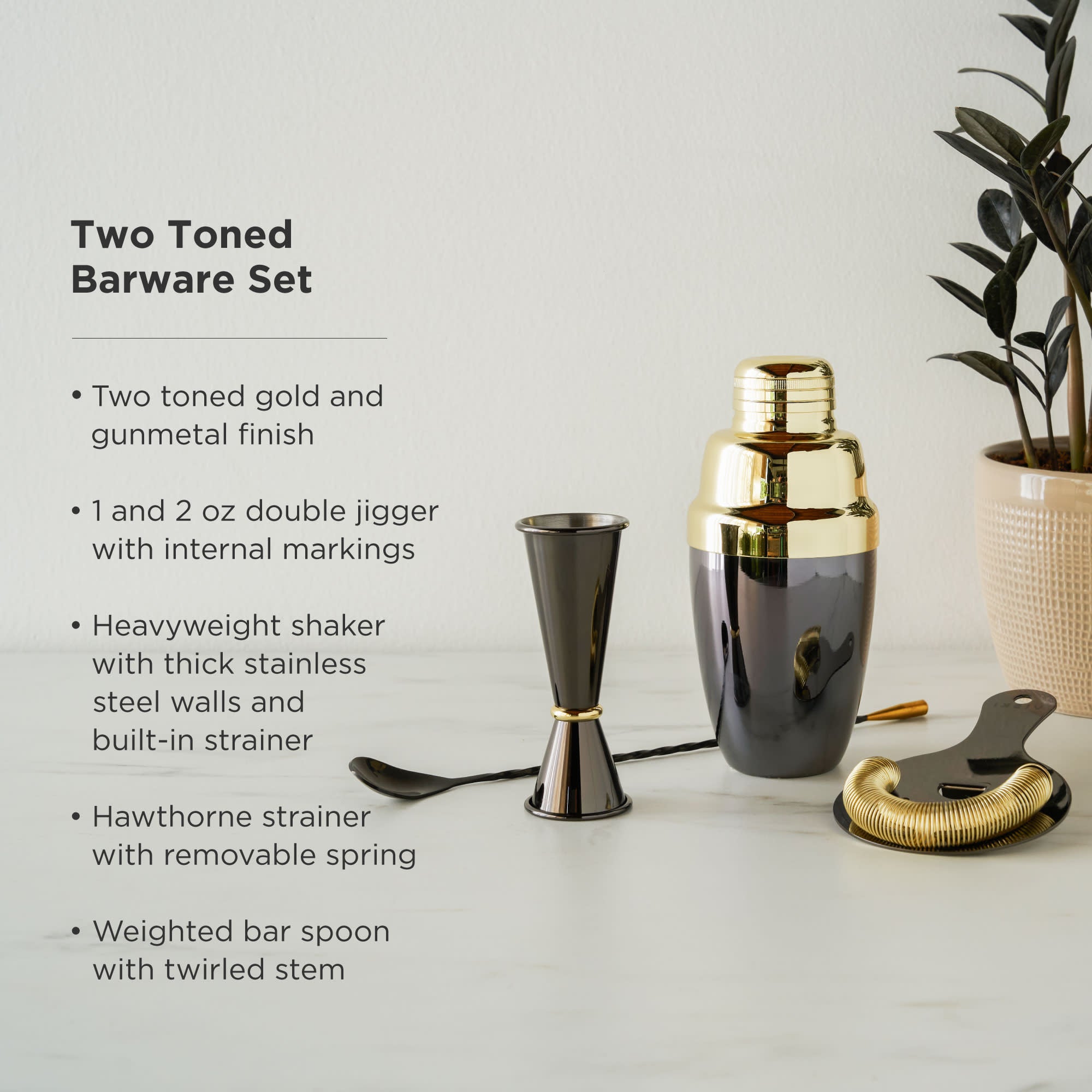 Premium 4-Piece Stainless Steel Barware Set - Black & Gold Cocktail Shaker, Jigger, Strainer & Spoon - Perfect for Home Bars, Cocktail Parties & Mixology Enthusiasts