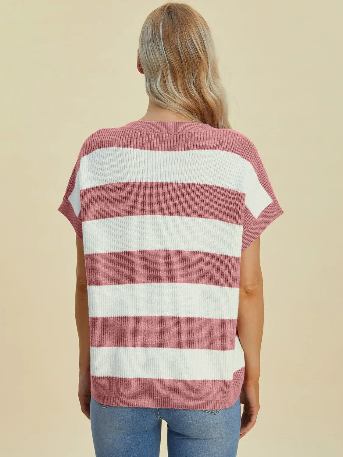 Double Take Full Size Striped V Neck Short Sleeve Sweater for Women - Soft Knit Pullover Casual Top for Spring & Summer Outfits | Office Wear, Date Night, Weekend Brunch