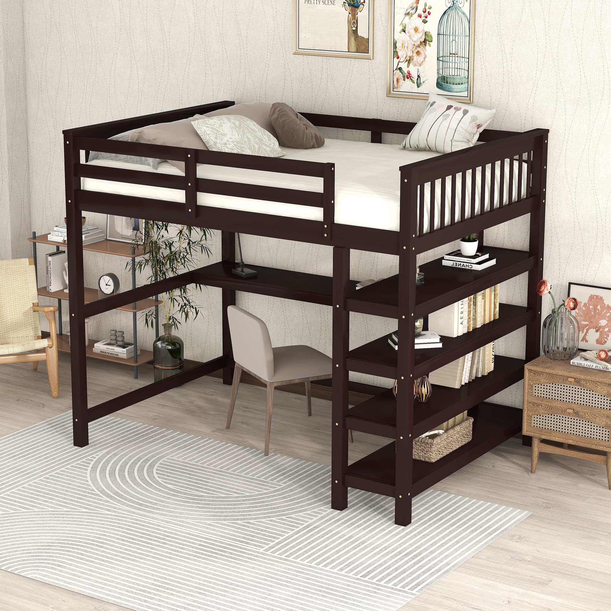 Bellemave Full Size Wooden Loft Bed with Built-in Desk & 4-Shelf Bookcase - Sturdy Storage Loft Bed for Teens, Kids, Dorm Rooms - Espresso Finish - Perfect for Small Spaces & Study Areas