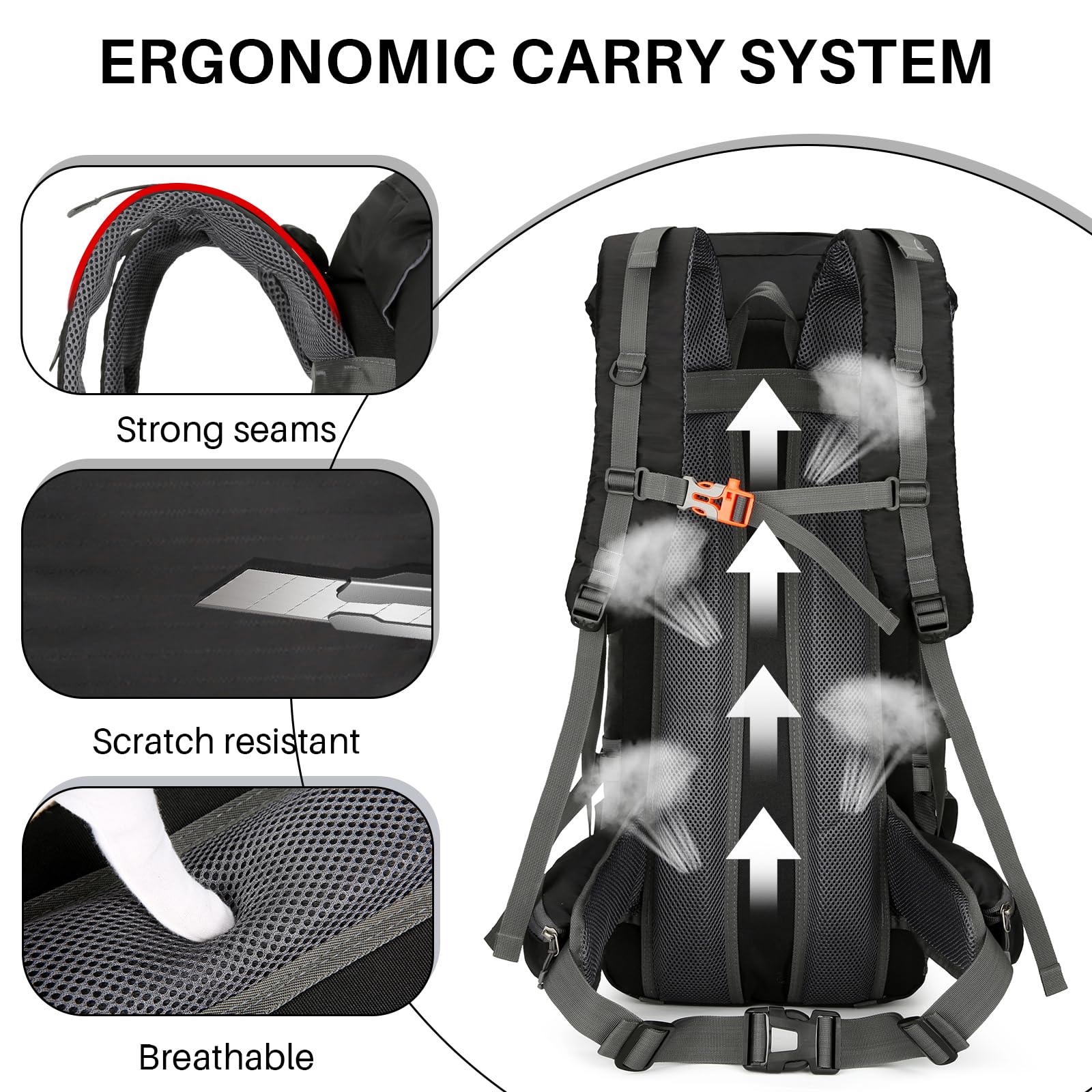 OKYUK 70L Waterproof Hiking Backpack - Lightweight Camping Backpack for Mountain Climbing, Outdoor Sports & Travel - Durable Daypack with Rain Cover - Perfect for Hiking, Camping, Cycling & Adventure Tours (Black, 70L)