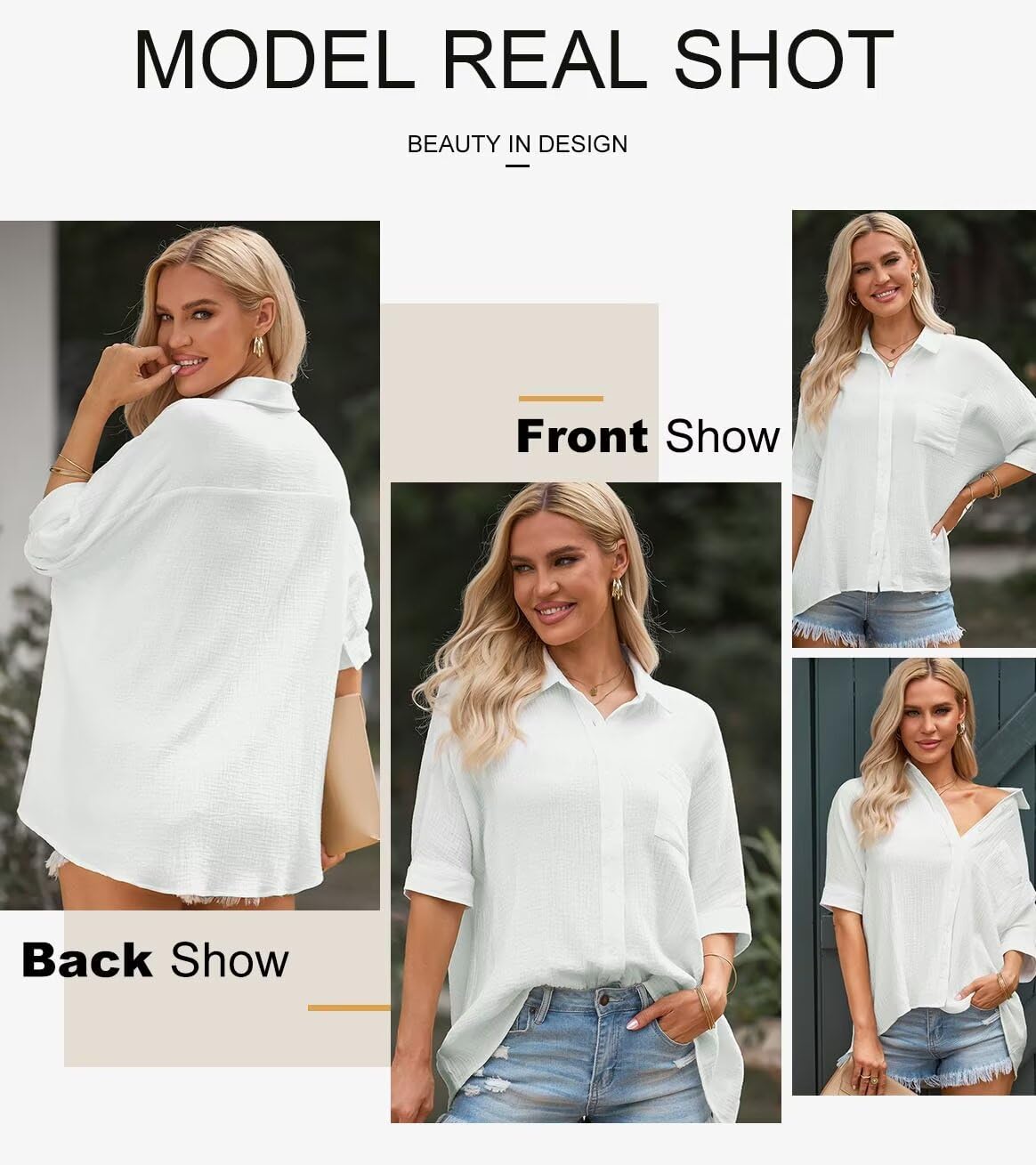 Stylish Women's Oversized Button Down Shirts - 3/4 Sleeve V-Neck Blouse with Textured Fabric for Casual Workwear & Weekend Outfits