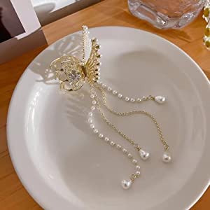 BAKEFY Pearl Hair Clips for Women - Elegant Stone Hair Accessories, Wedding Butterfly Claw Clips, Metal Hair Clutchers (1 Piece) - Perfect for Bridal, Parties & Everyday Styling