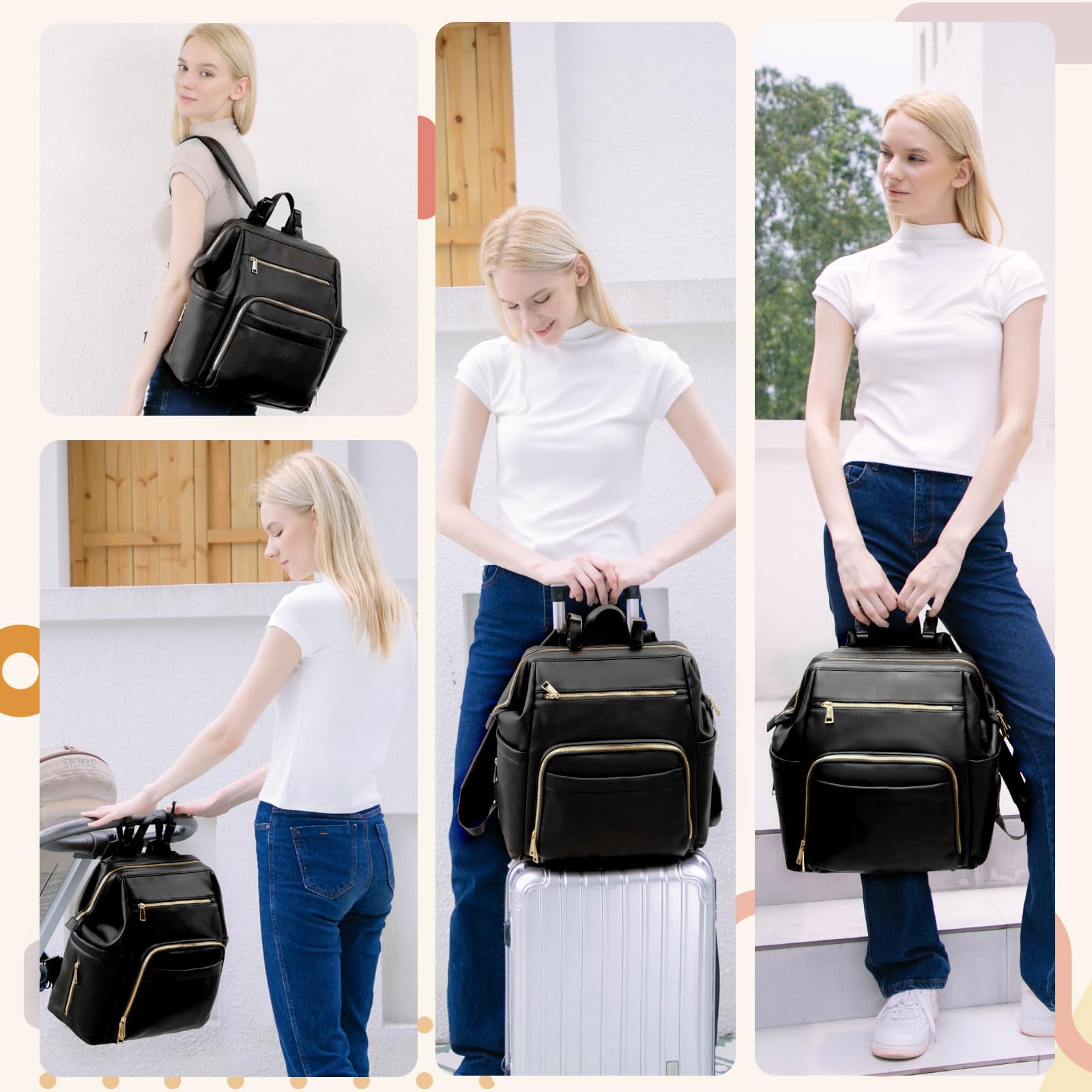 Premium Leather Diaper Backpack for Baby Essentials - 18 Pockets, 6 Insulated Compartments, USB Charging Port & Stroller Straps | Large Travel Diaper Bag with Changing Pad (Black) | Perfect for Moms, Dads & Daycare Use