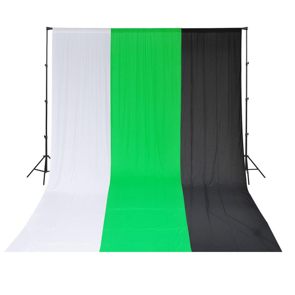 3x2.8m Telescopic Stand with Green/Black/White Muslin Backdrop Kit - Perfect for Photography Studio, Portrait Shoots, and Video Backgrounds