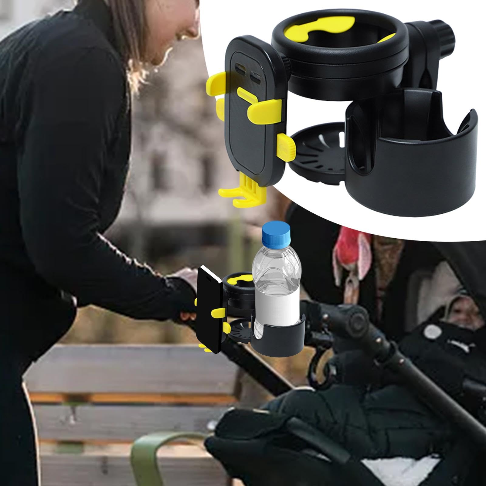 Universal Stroller Cup Holder with Rotating Phone Pocket - Durable Pram Bottle Organizer for Coffee, Drinks & Toddler Bottles | Perfect for Baby Strollers, Shopping Carts & Wheelchairs