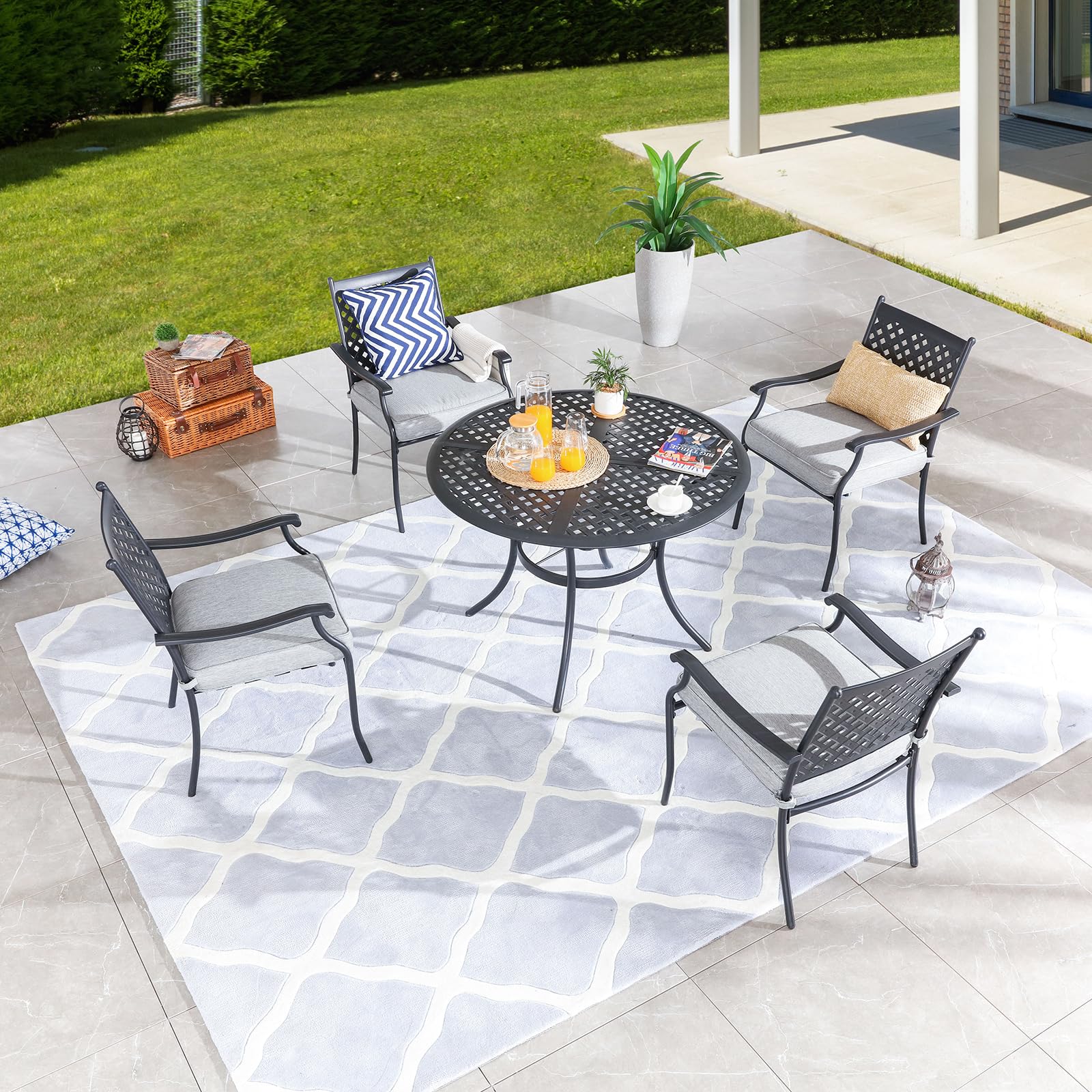 5-Piece Outdoor Patio Dining Set with Metal Chairs & Cushions, Round Iron Table with Umbrella Hole - All-Weather Garden Furniture for Deck, Backyard, Poolside (Grey) | Perfect for BBQs, Family Gatherings & Summer Entertaining