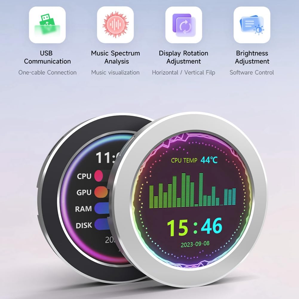 Round Screen USB Drive-Free Water-Cooled PC Case Secondary Display with CPU Temperature Monitor - Perfect for Gaming Rigs, Streaming Setups & Custom PC Builds