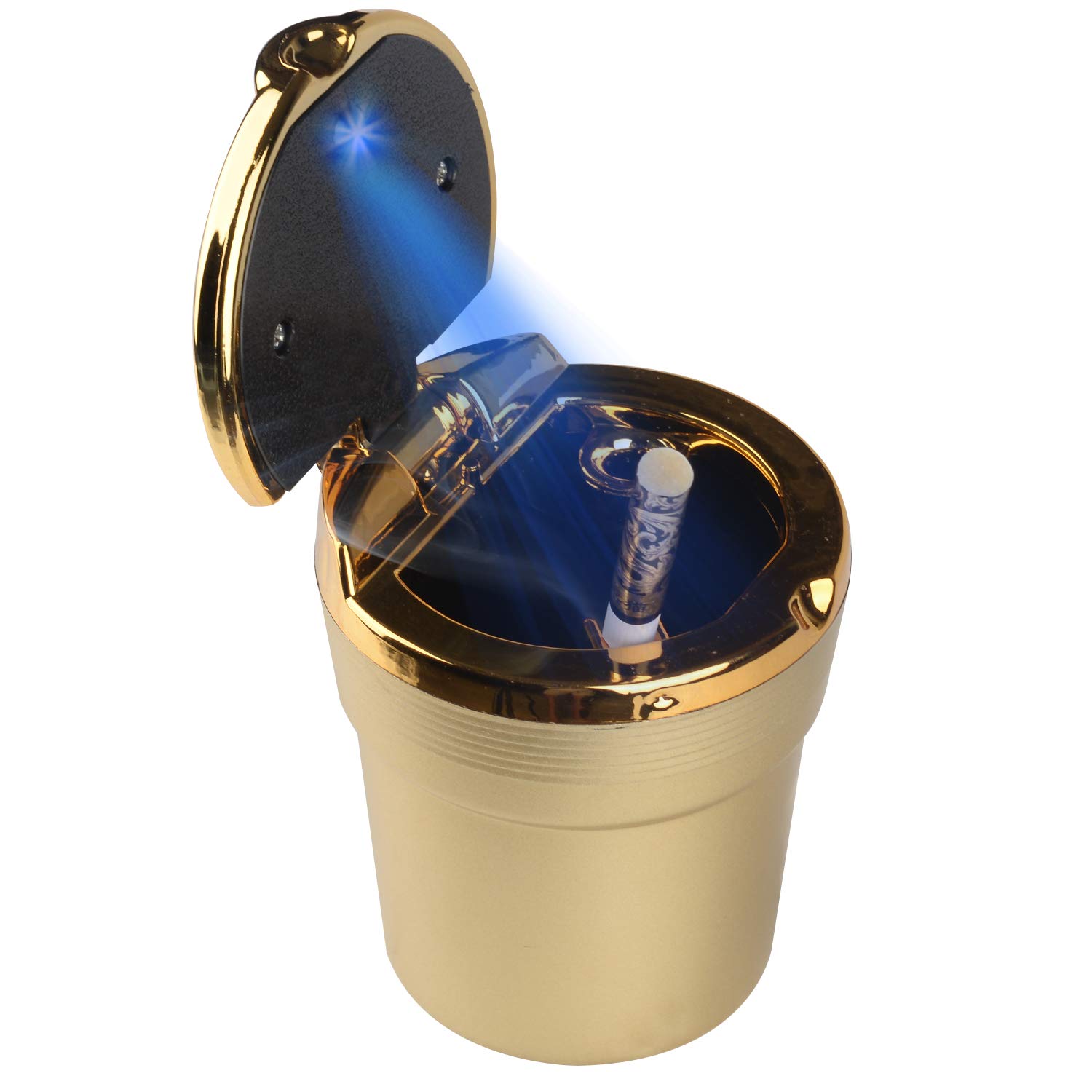 Portable Car Ashtray with Lid & Blue LED Light - Leakproof Cup Holder Ashtray for Cars (Gold) | Ideal for Road Trips, Commuting & Smokers On-The-Go