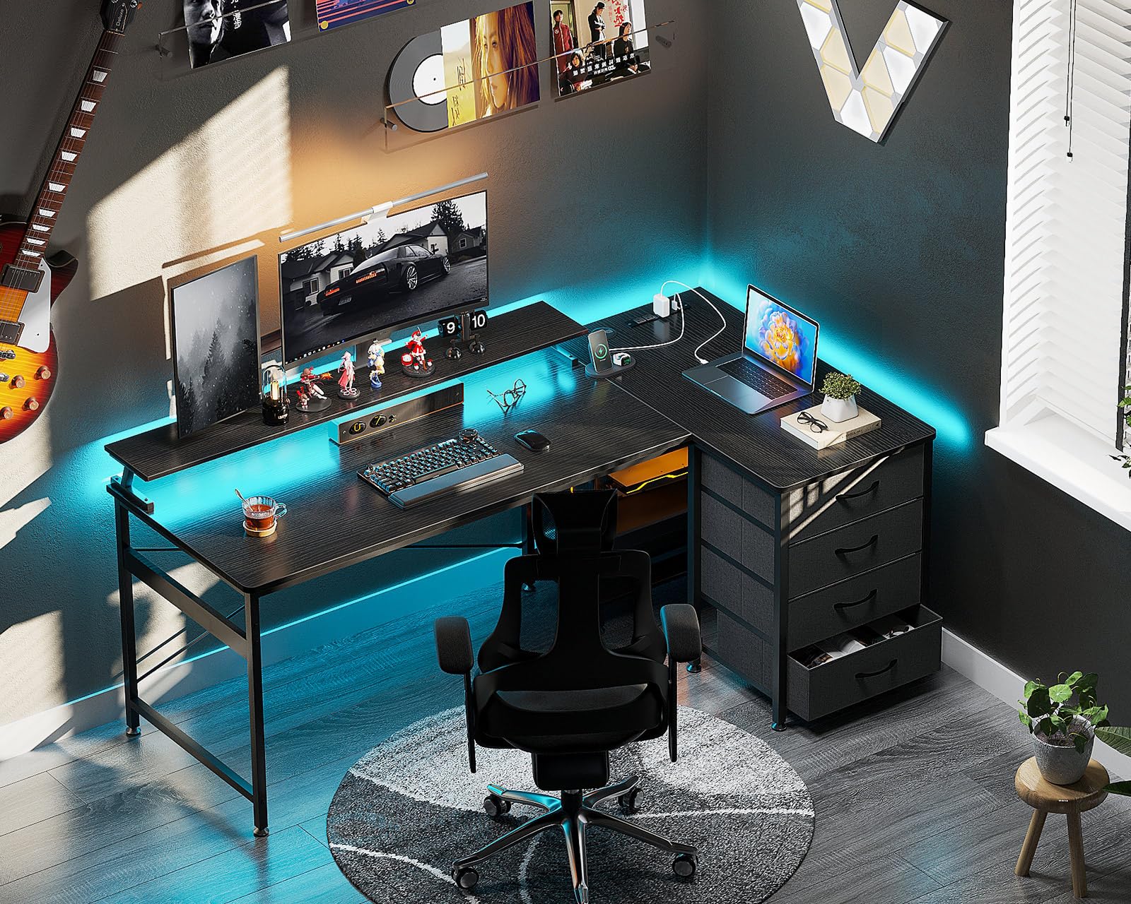 ODK 55-Inch L Shaped Gaming Desk with LED Lights & USB Ports, Reversible Computer Desk with 4 Drawers & CPU Stand, Ergonomic Corner Desk for PC Gaming Setup - Perfect for Small Spaces & Bedroom Gaming Stations (Black)