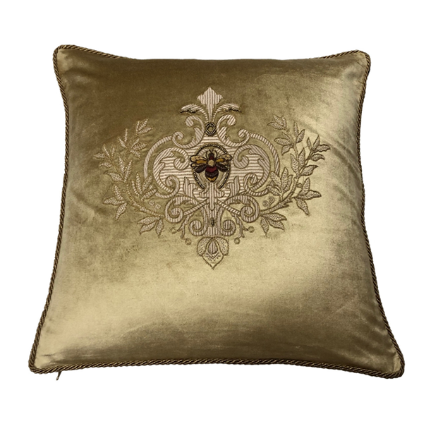 Hand Embroidered Gold Filigree Bee Cushion with Feather Filling - Elegant Home Decor for Living Room, Bedroom & Boho Style Interior