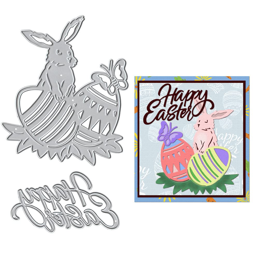 2 Pack Easter Bunny Egg Cutting Dies - Rabbit & Word Die Cuts for DIY Card Making, Scrapbooking, Photo Albums - Easter Embossing Stencil Templates for Holiday Crafts, Greeting Cards & Home Decorations