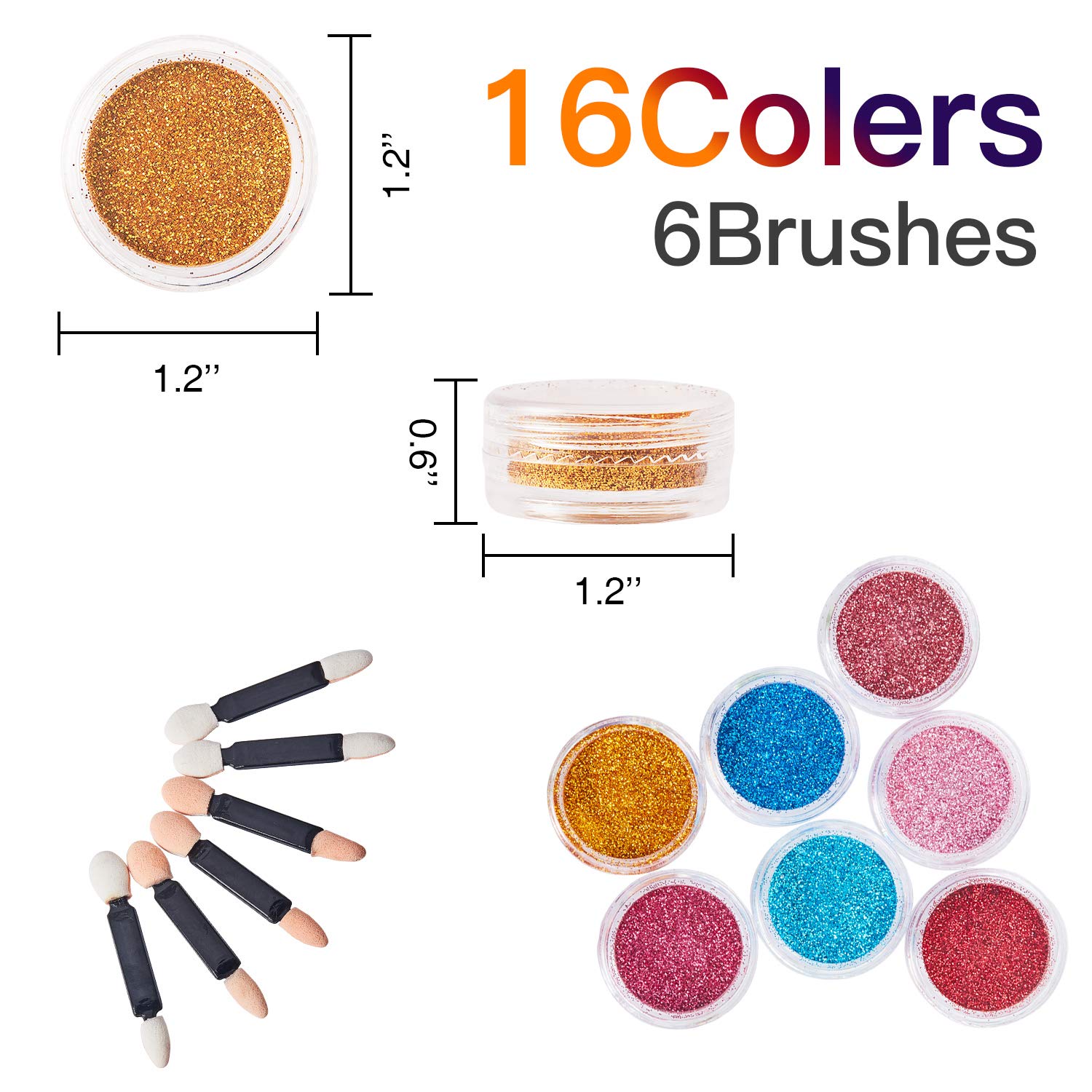 16 Colors Holographic Nail Glitter Powder - Shimmer Sequins for Nails, Face & Body - 6 Mini Brushes Included - Perfect for Festivals, Cosplay & DIY Nail Art