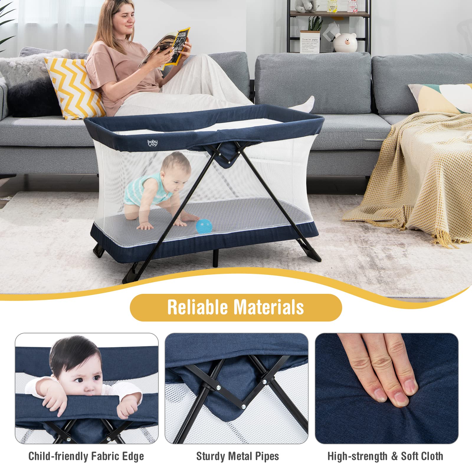 BABY JOY Portable Travel Crib - Lightweight Foldable Playpen for Babies & Toddlers with Soft Washable Mattress, No-Tools Assembly Playard for Newborns to 3 Years Old (Blue) | Perfect for Home, Travel, Daycare & Outdoor Adventures