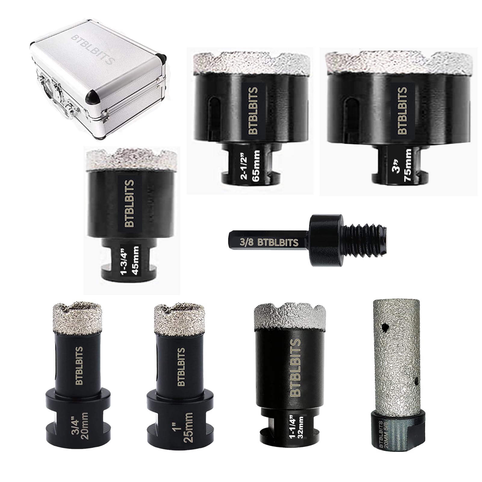 Premium Diamond Core Drill Bit Set - 8pc Tile Hole Saw Kit (20/25/32/45/65/75mm) with 3/4