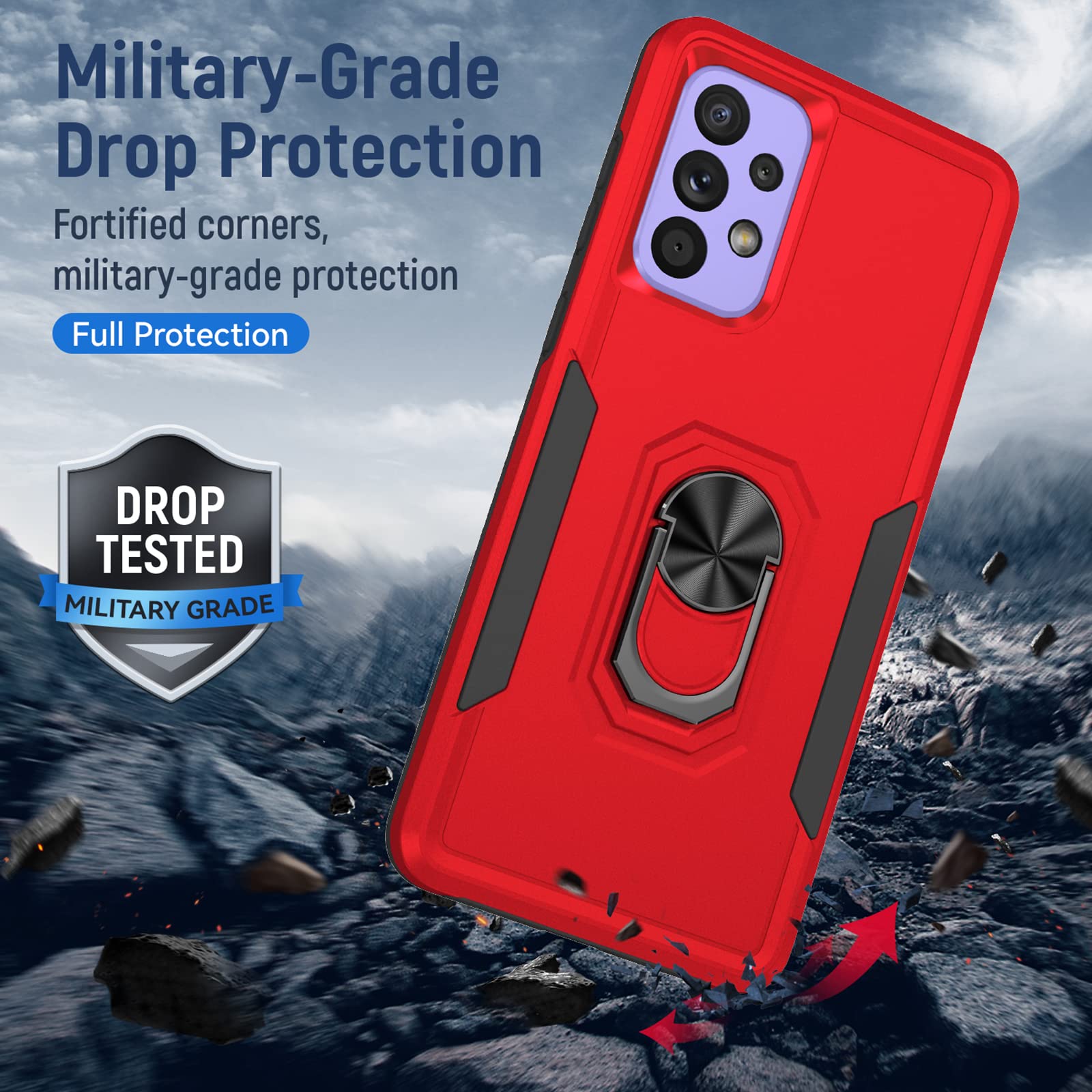 **Samsung Galaxy A33 5G Case, M MAIKEZI Military-Grade Armor Phone Cover with HD Screen Protector, Magnetic Ring & Kickstand – Car Mount Compatible, Shockproof Protection (KTZ Red/Black) – Perfect for Work, Travel & Outdoor Adventures**