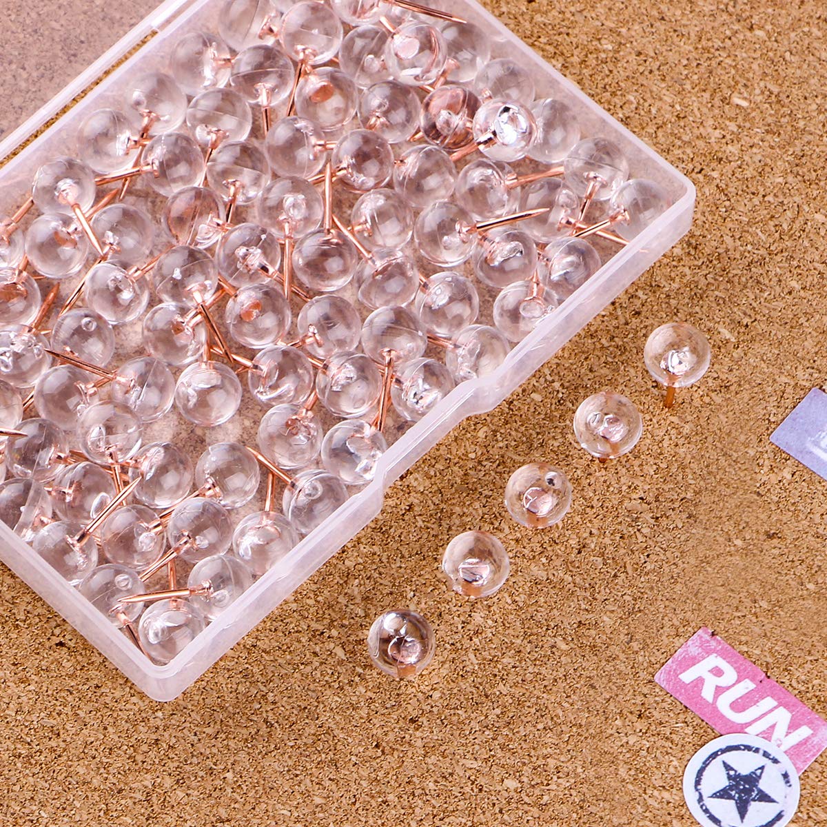 Yalis Push Pins - 100-Pack 1/3 Inch Rose Gold Map Tacks with Steel Point & Clear Plastic Round Head | Large Size Bulletin Board Pins for Office, Home, School & Corkboard Organization