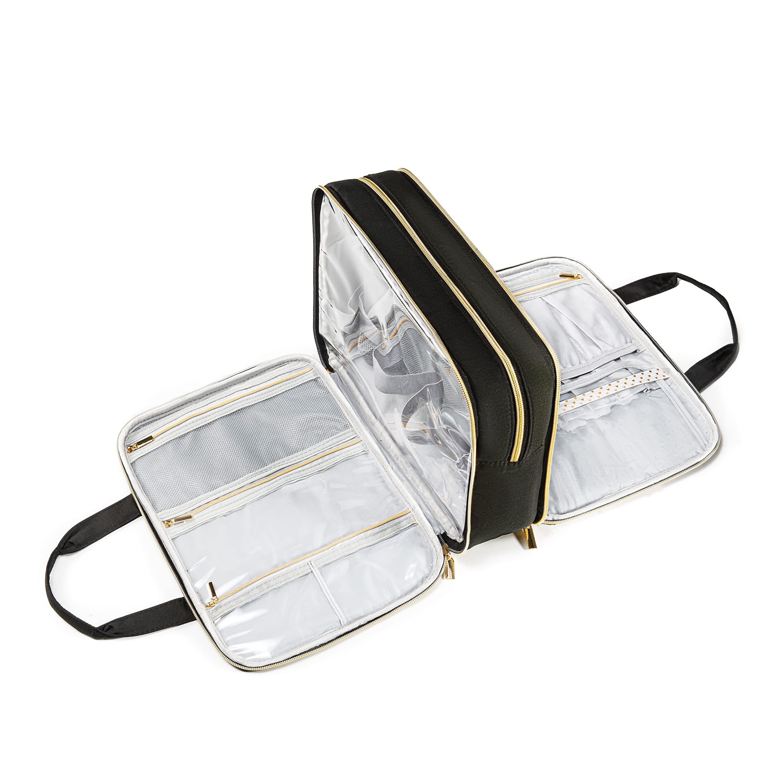 ELCUPA Women's Travel Toiletries Bag - Waterproof Makeup Organizer with Full-Sized Container Holder, Cosmetic & Toiletry Pouch for Vacation, Gym, Business Trips - Black (Perfect for Airplane Carry-on & Weekend Getaways)