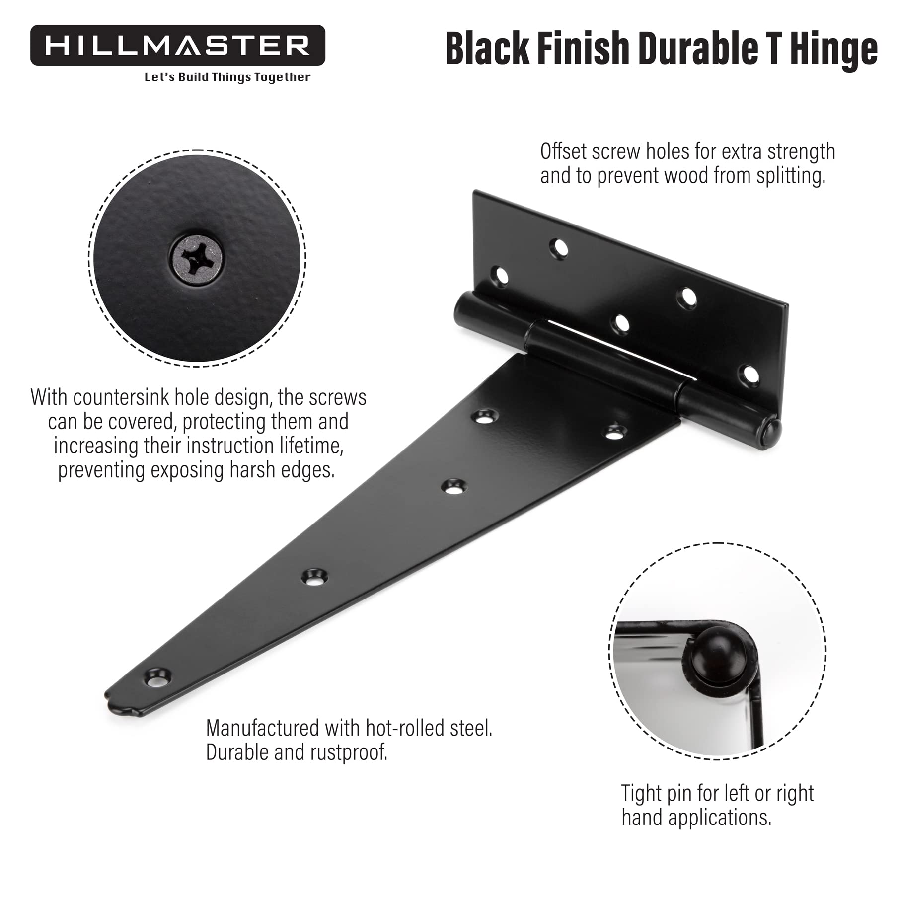12 Inch Heavy Duty T-Strap Hinges - Black Rustproof Wrought Iron Gate Hinges (4 Pack) for Wooden Fences, Barn Doors, Sheds & Yard Gates - Perfect for Outdoor Use & DIY Projects