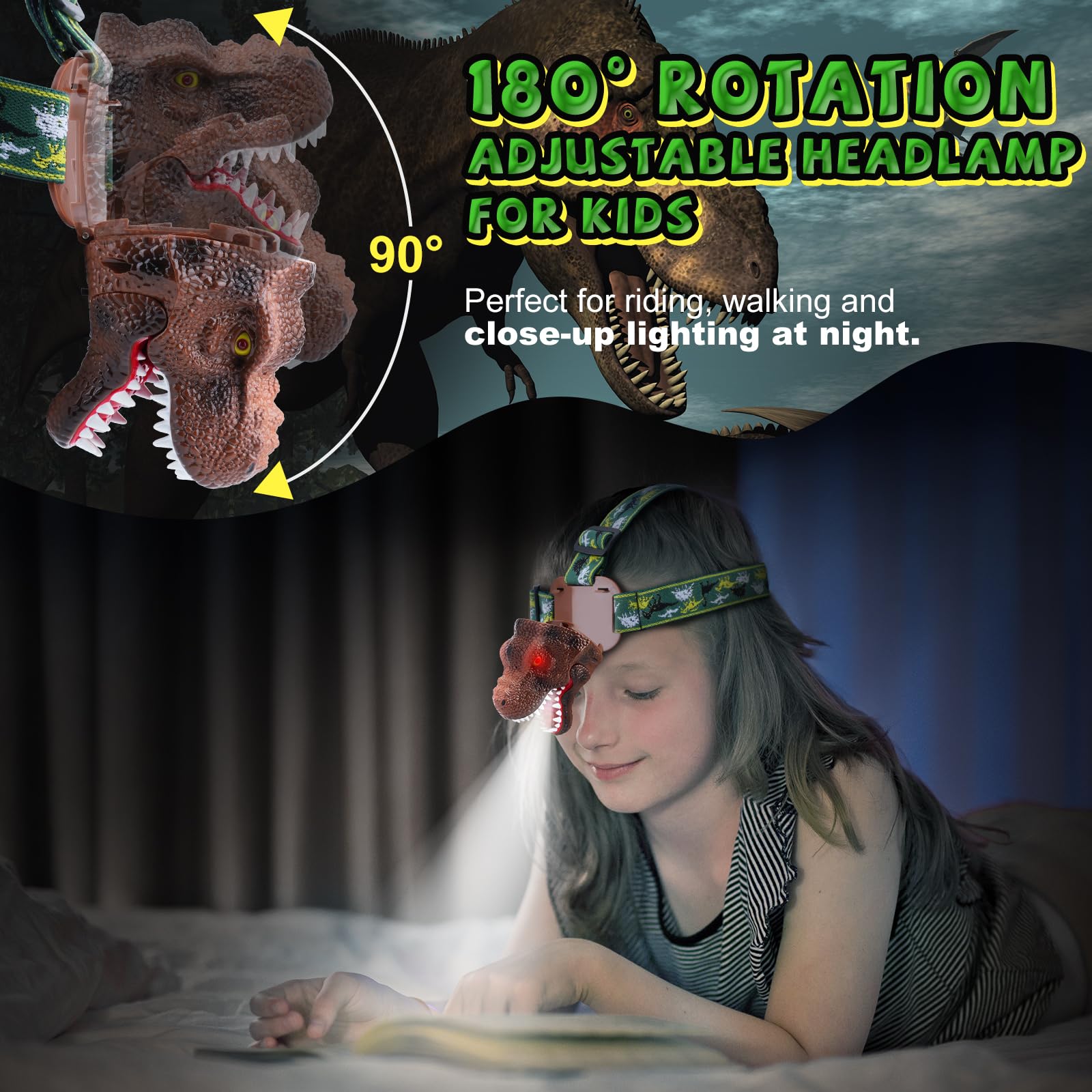 Rechargeable Dinosaur Headlamp for Kids - T-Rex LED Flashlight with Roar Mode for Camping & Gifts