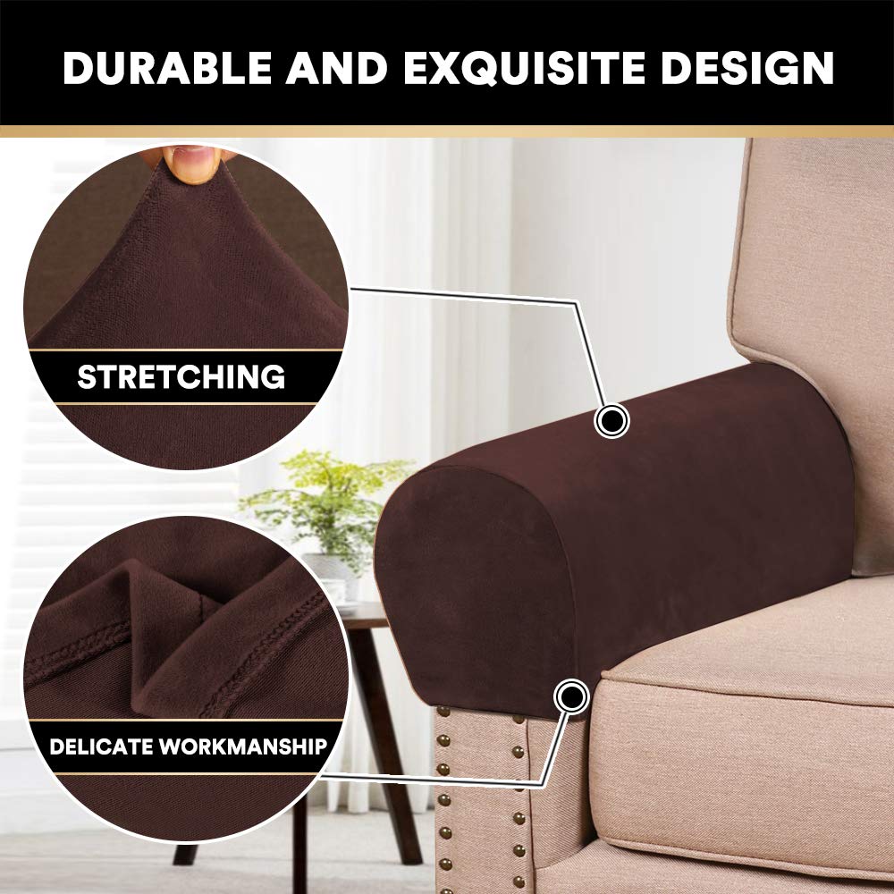 PrinceDeco 2 Pack Thick Velvet Stretch Armrest Covers - Non-Slip Sofa & Chair Arm Protectors for Living Room, Office, Dorm - Soft Brown Fabric Covers for Furniture Protection & Style Upgrade