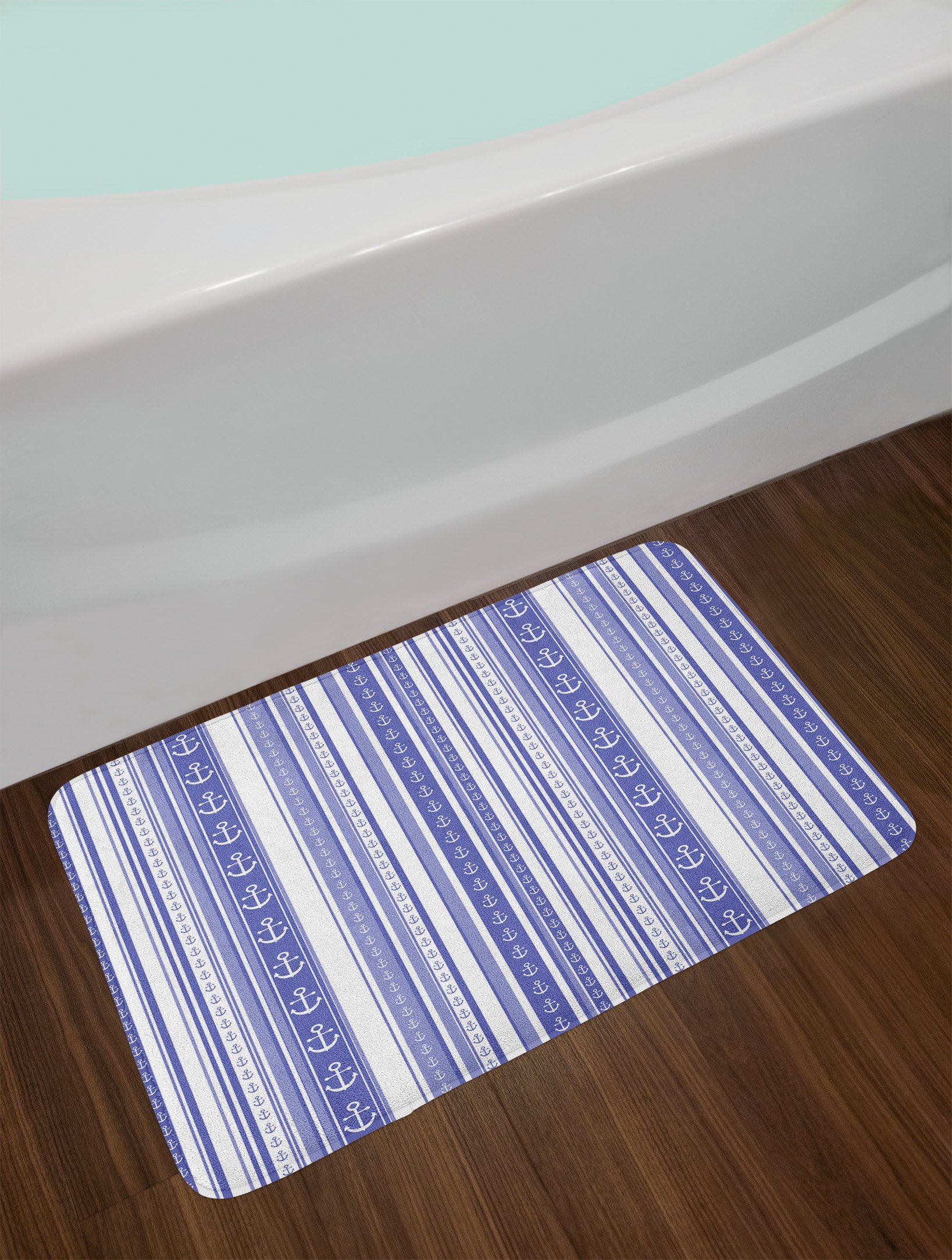 Ambesonne Non-Slip Striped Bath Mat with Nautical Anchors & Tape Design - Soft Plush Bathroom Rug, 30.2