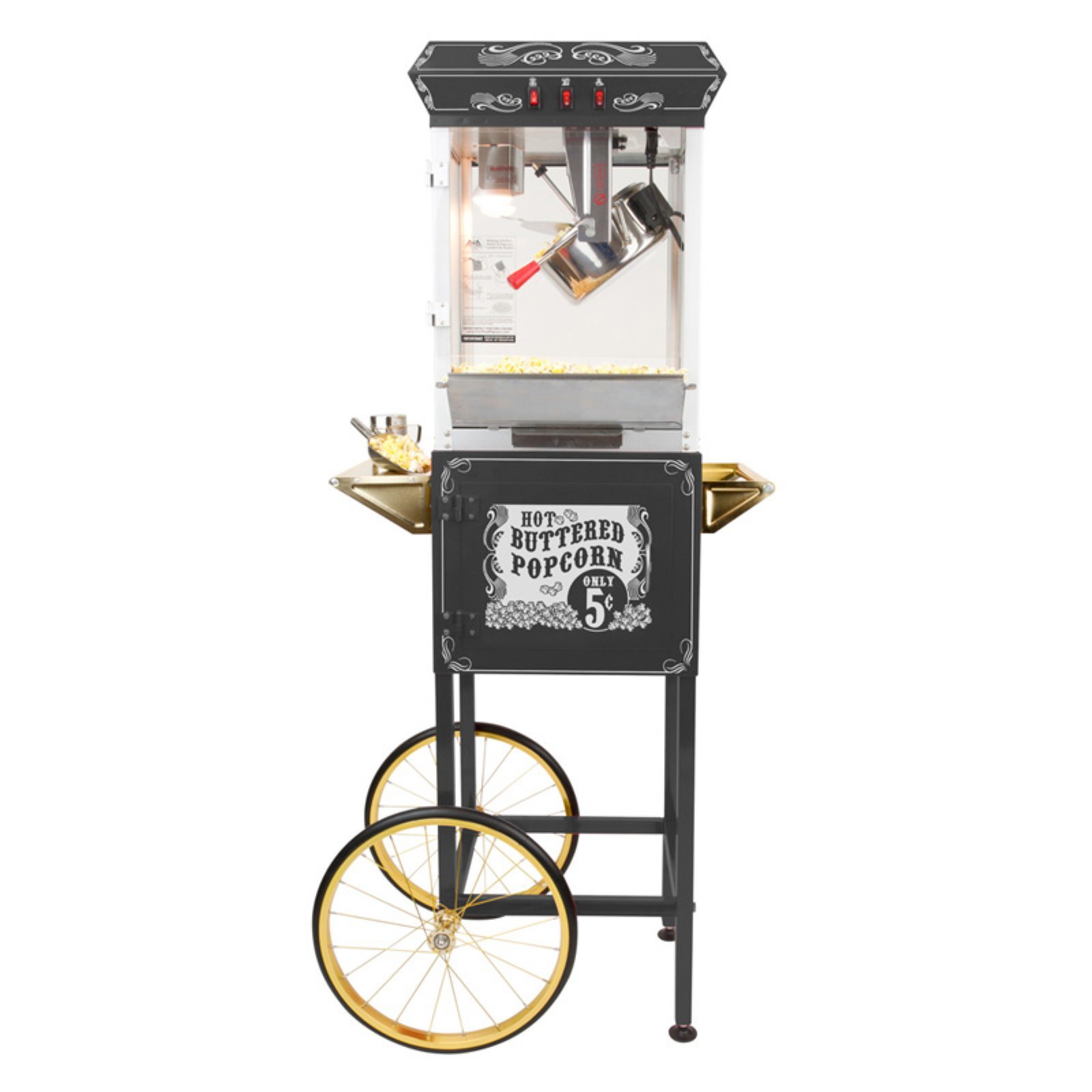 Funtime Sideshow Popper 8-Oz Commercial Hot Oil Popcorn Maker with Rolling Cart - Black & Silver - Perfect for Movie Nights, Carnivals & Concession Stands