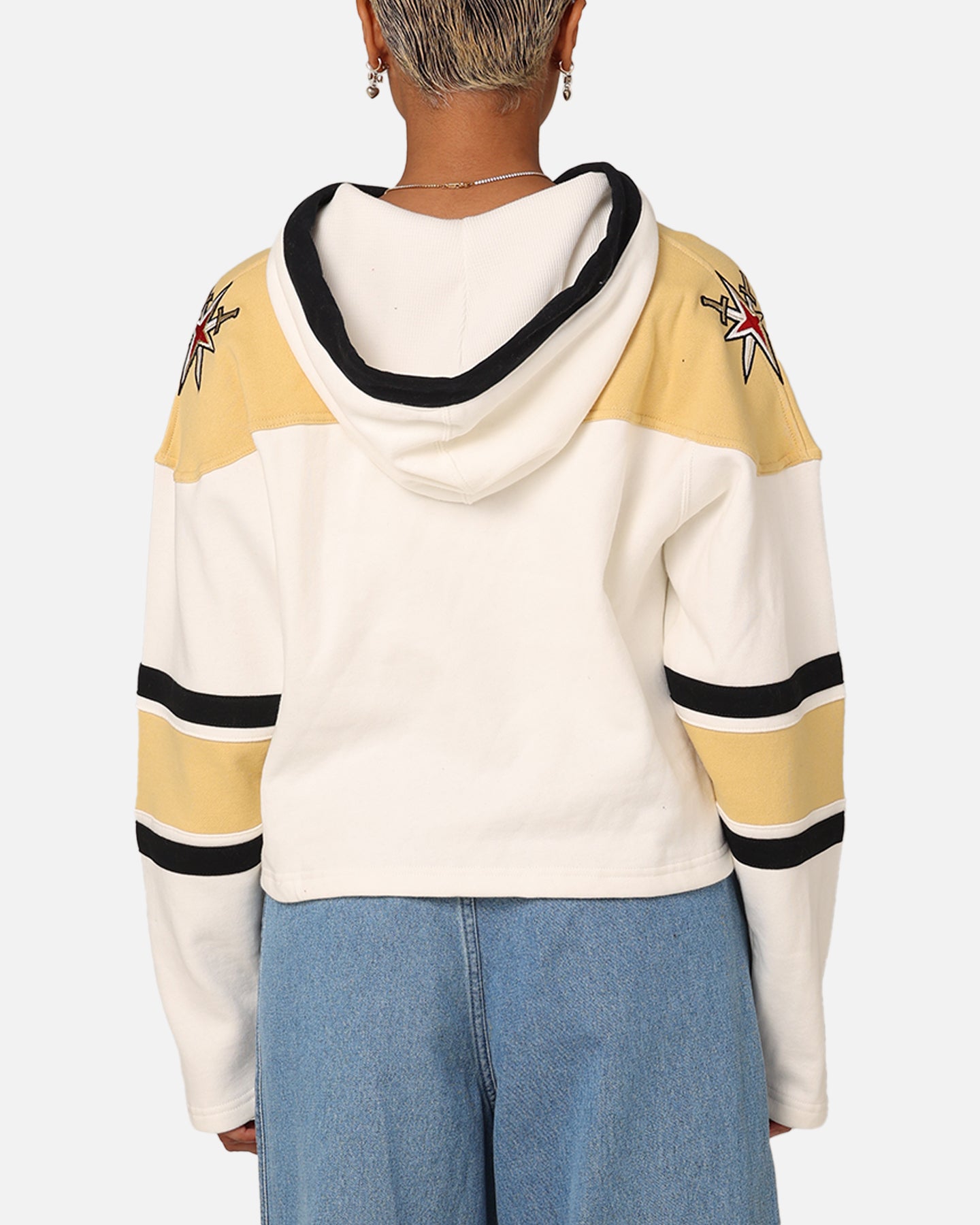 47 Brand Women's Vegas Golden Knights Cropped Lace-Up Hoodie - White Washed Distressed Style for Game Day & Casual Streetwear
