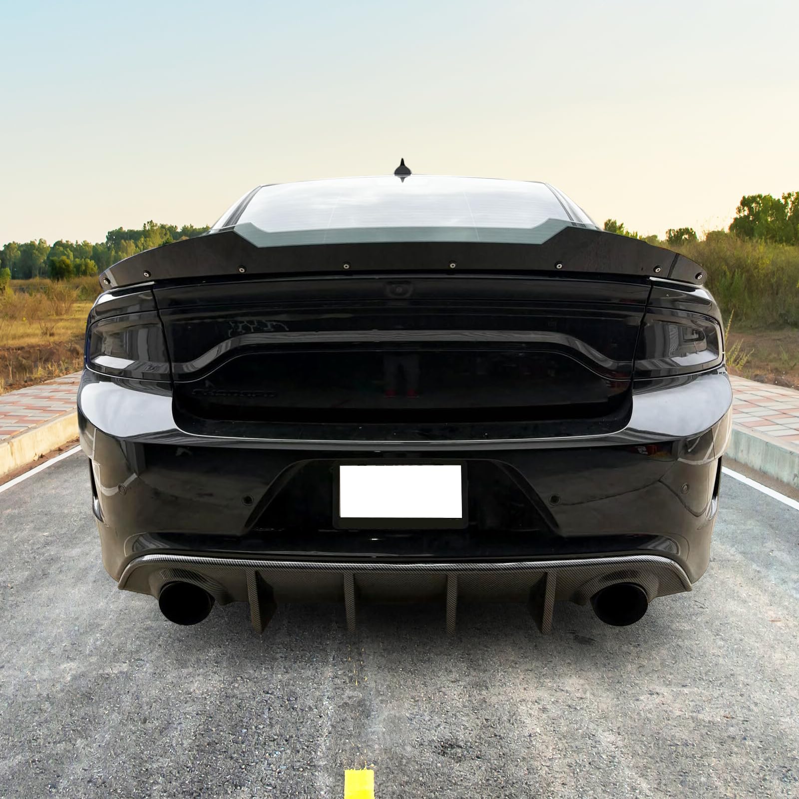 IKON MOTORSPORTS Rear Diffuser for 2015-2023 Dodge Charger SRT | V3 Style Carbon Fiber Print Bumper Lip Splitter Spoiler Lower Valance | Enhances Aerodynamics & Sporty Look | Perfect for Racing, Car Shows & Street Performance