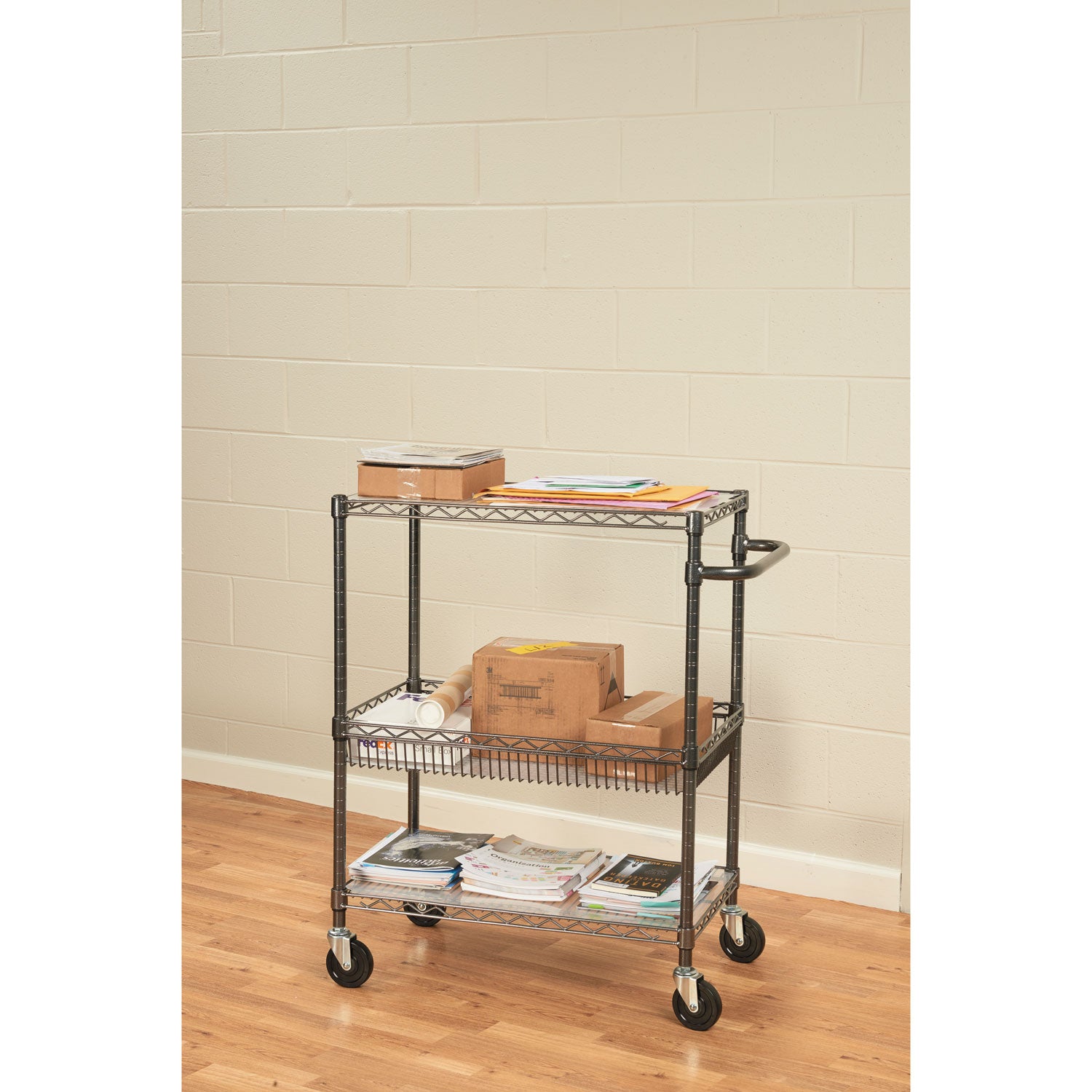 Alera® 3-Tier Heavy Duty Wire Utility Cart with Storage Basket - 500 lb Capacity Metal Rolling Cart (34