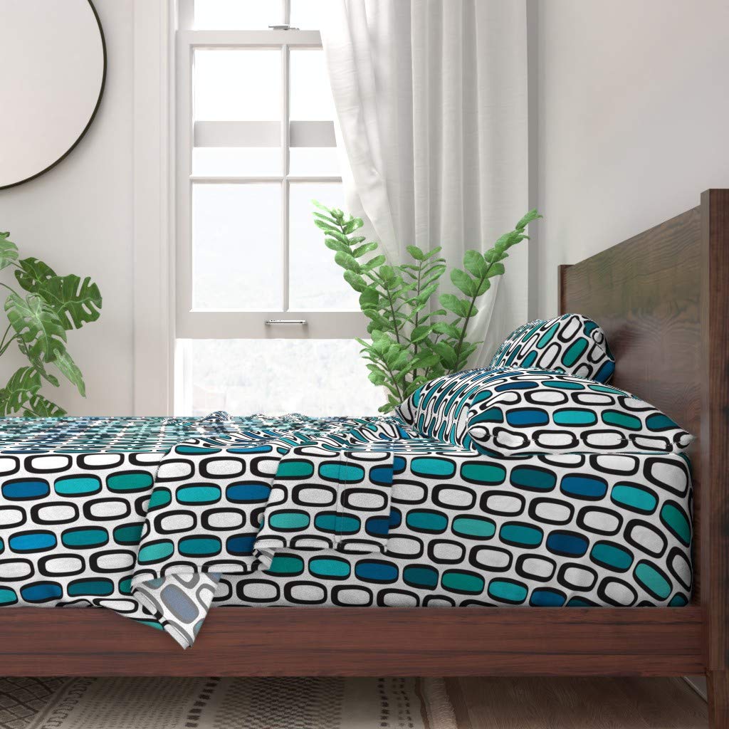 Spoonflower 100% Cotton Twin 3-Piece Sheet Set - Mid Century Modern Geometric Atomic Retro Blue Vintage Print Custom Bedding | Soft & Breathable for Comfortable Sleep, Perfect for Guest Rooms & Vintage Home Decor