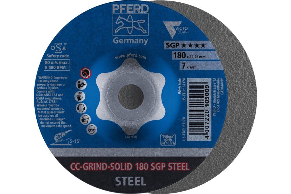 Pferd CC-Grind-Solid 7-Inch Grinding Disc with SGP Steel Victograin & Ceramic Abrasive - 7/8