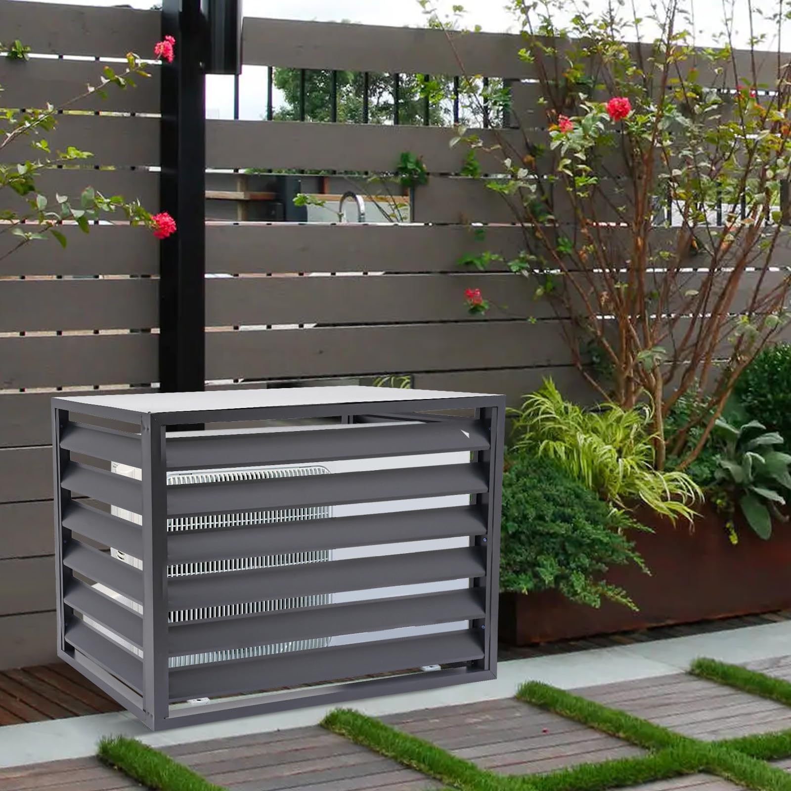 Outdoor AC Privacy Screen Fence Panel - Aluminum Alloy Air Conditioner Cover for Freestanding Units - Weatherproof Dark Grey AC Fence for Backyard, Patio & Deck Privacy Protection