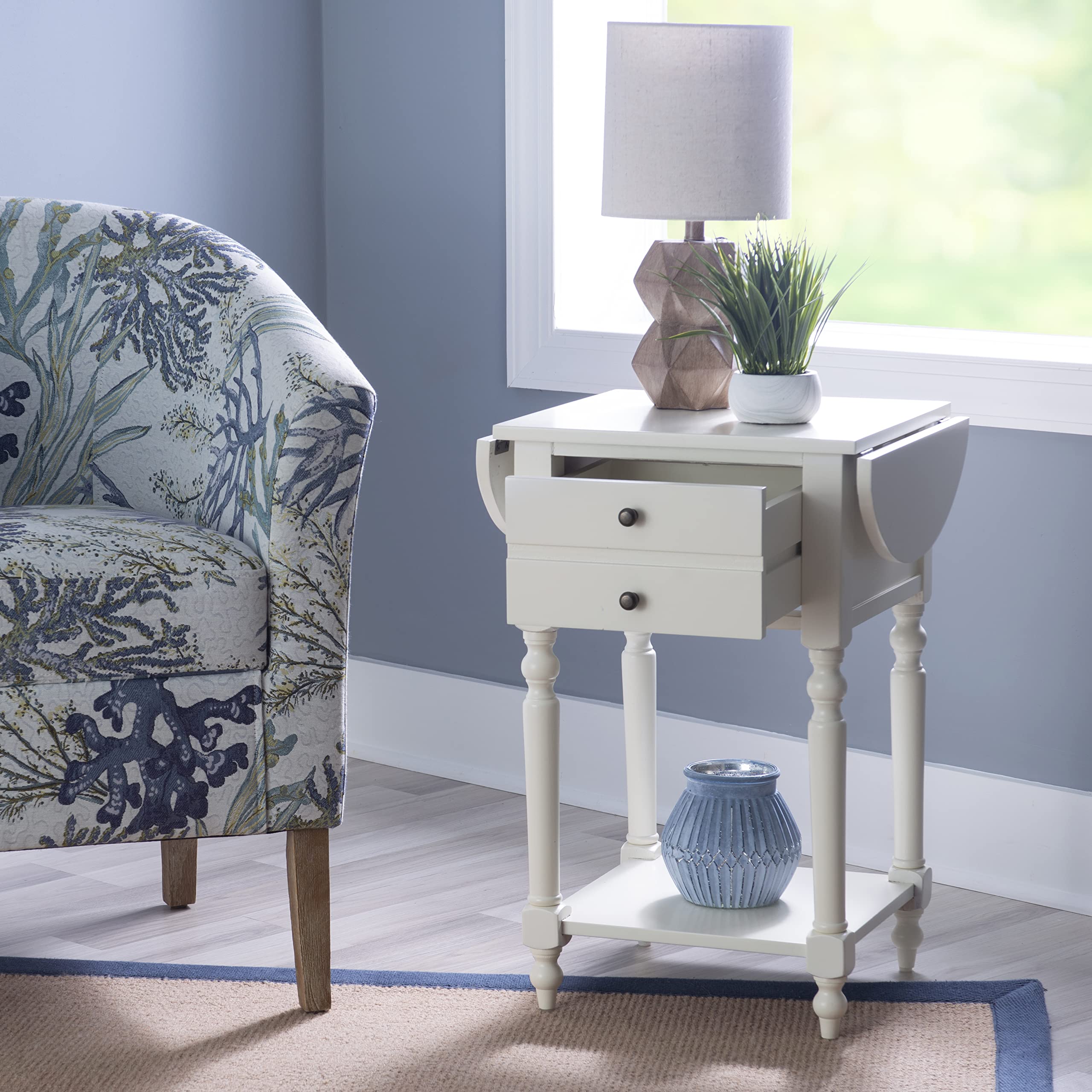 Powell Furniture Shiloh Drop Leaf Accent Table - Antique White Small Side Table for Living Room, Bedroom & Entryway | Compact Space-Saving Design