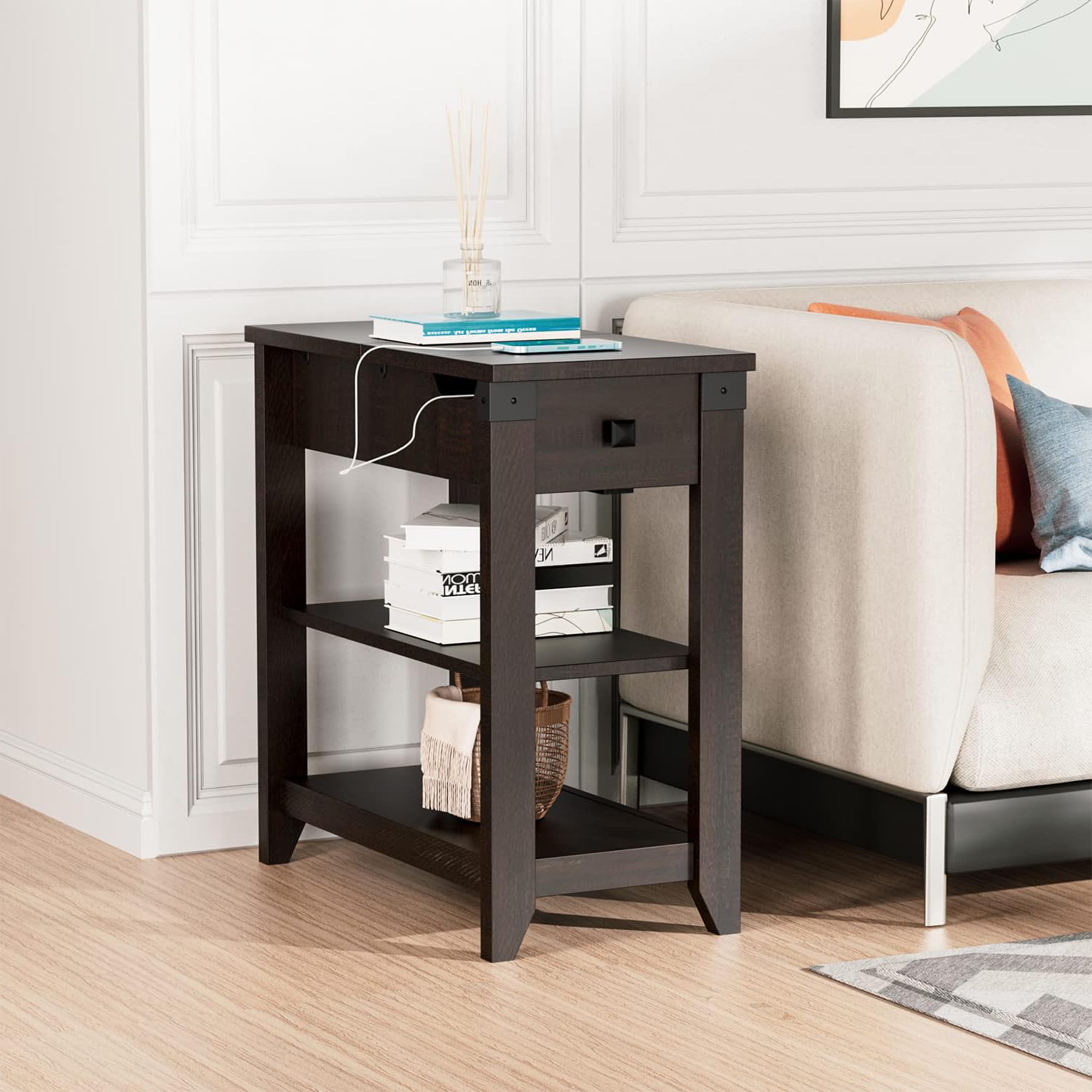 Set of 2 Narrow Flip Top End Tables with USB Charging Station - Farmhouse Style Nightstands with Storage Shelf - Space Saving Sofa & Bedside Tables for Living Room & Bedroom in Espresso Finish - Perfect for Small Apartments, Dorms & Cozy Home Decor