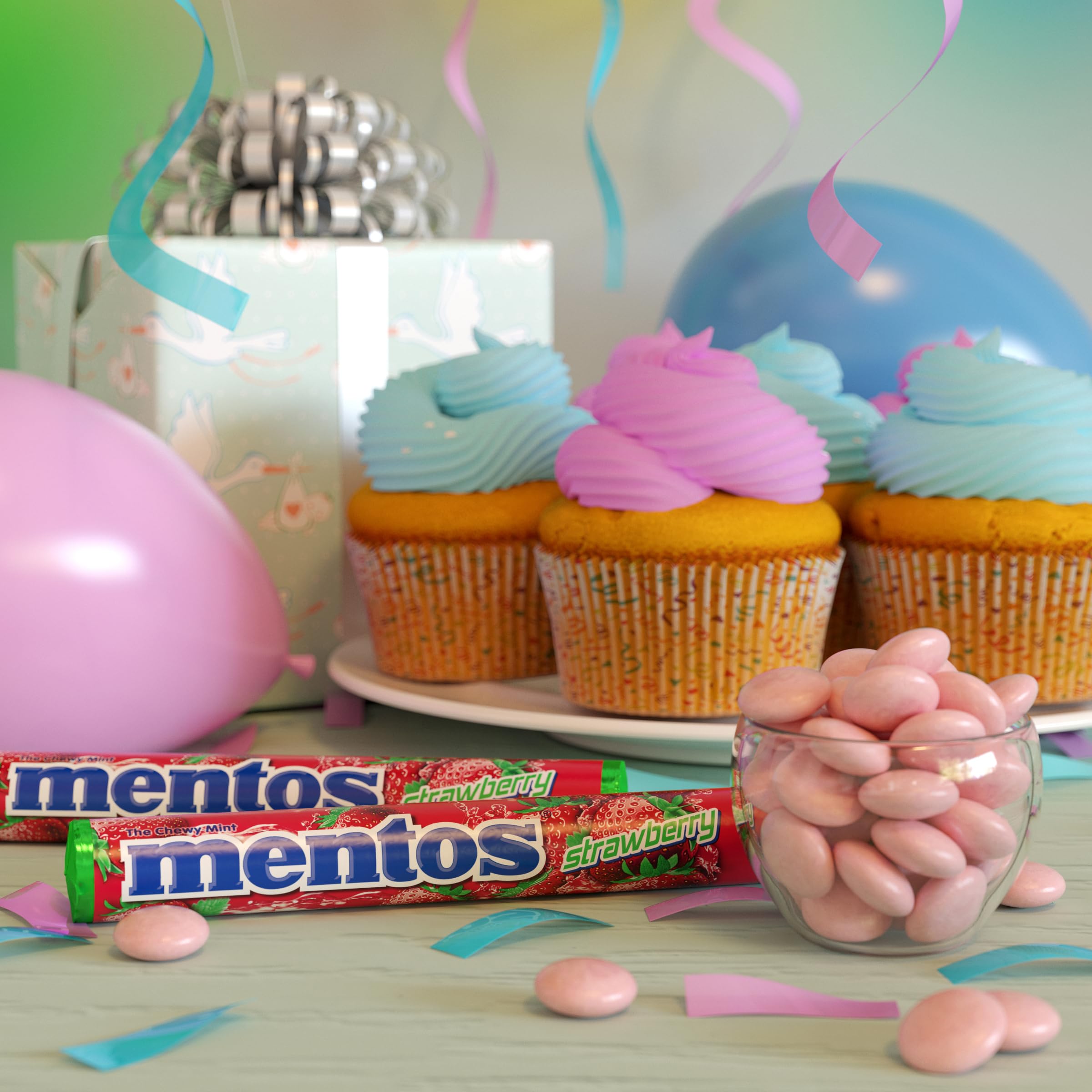 Mentos Chewy Mint Candy Roll - Strawberry Flavor, Non-Melting, 14 Count (Pack of 15) - Perfect for Parties, Office Snacks & On-the-Go Treats