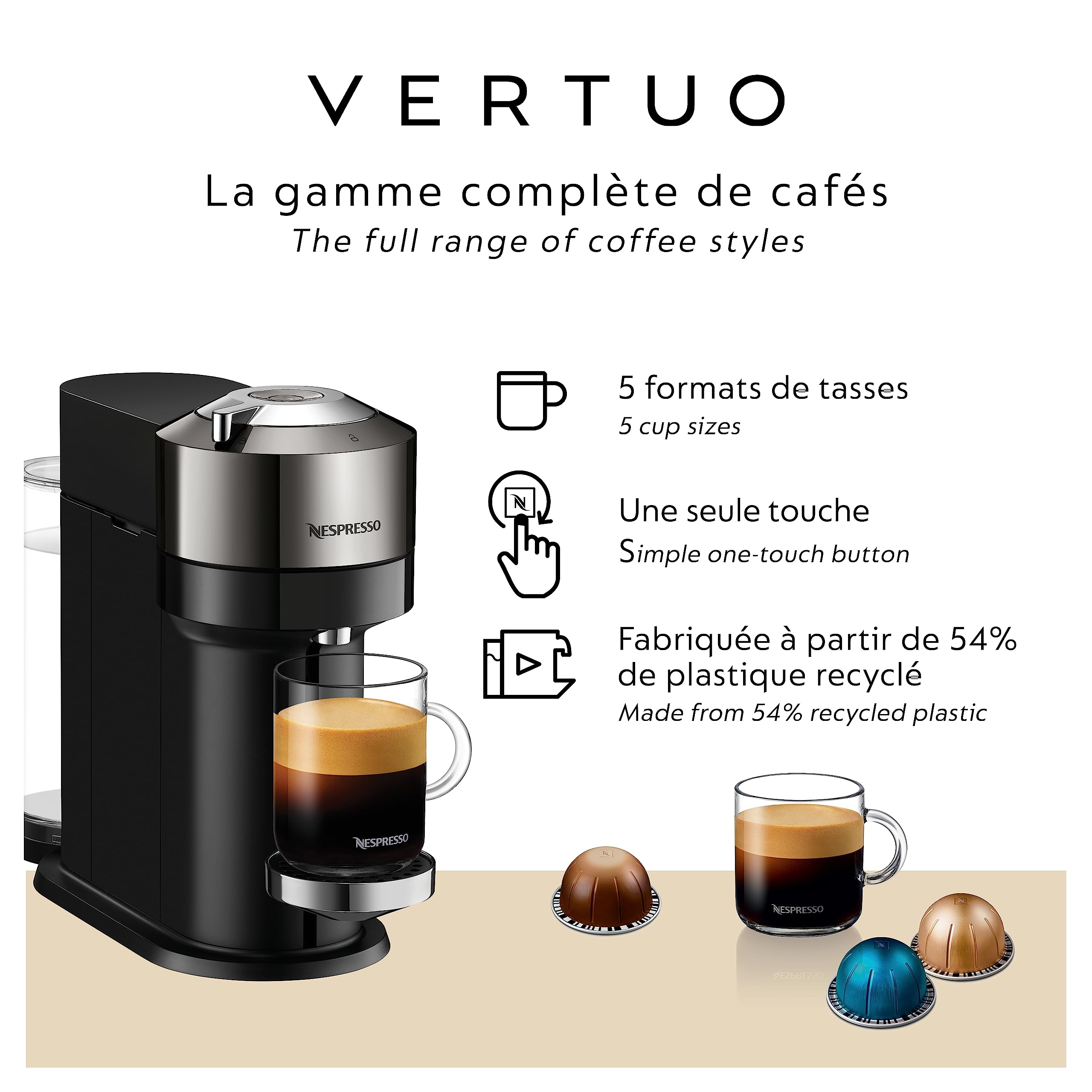 Nespresso Vertuo Next Deluxe Coffee and Espresso Machine with Aeroccino Milk Frother - 1.1L, Pure Chrome & Black Finish - Perfect for Home, Office, and Gifting