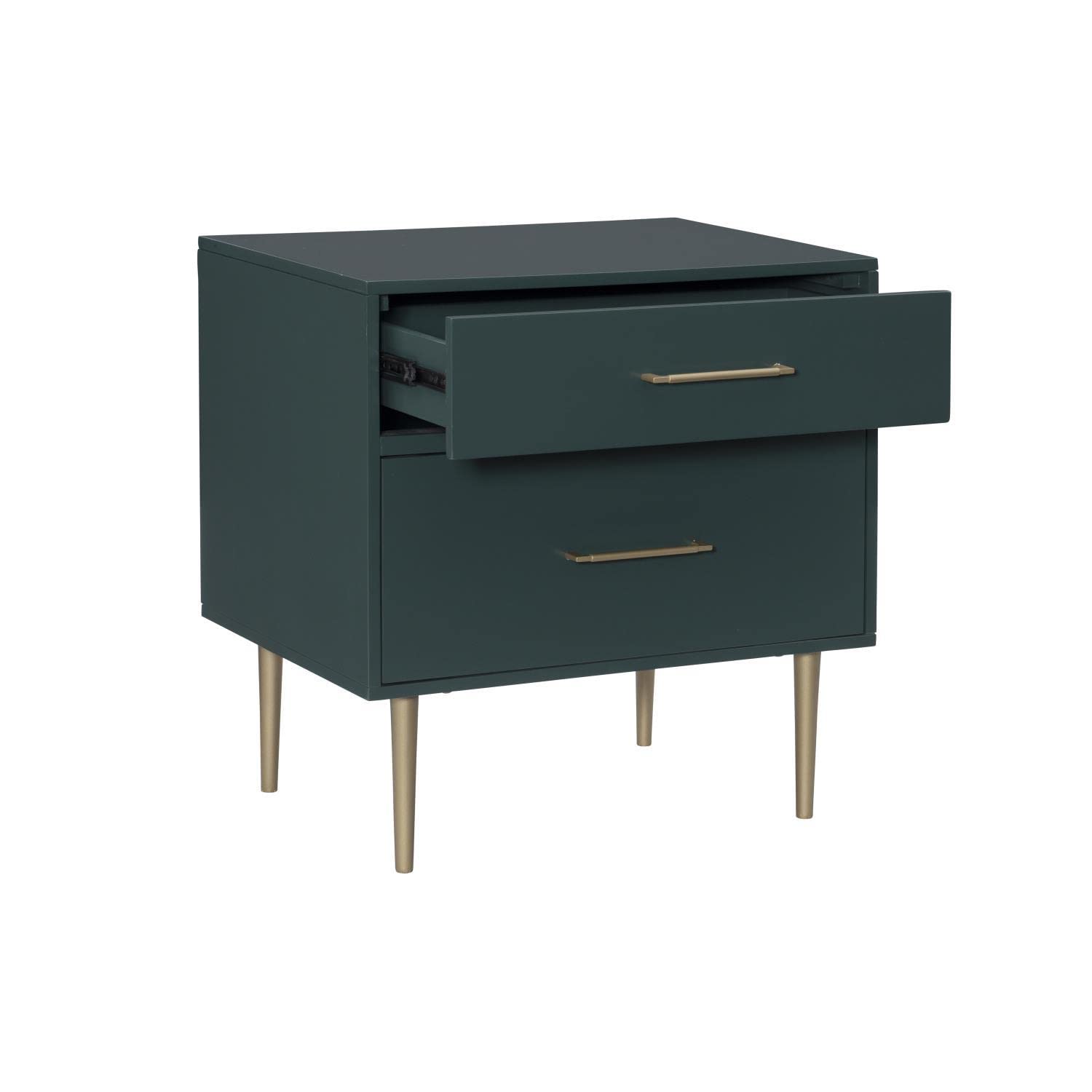 Linon Gloria 2-Drawer Nightstand - Dark Green Finish, Bedside Table for Bedroom, Compact Storage for Lamps, Books & Essentials