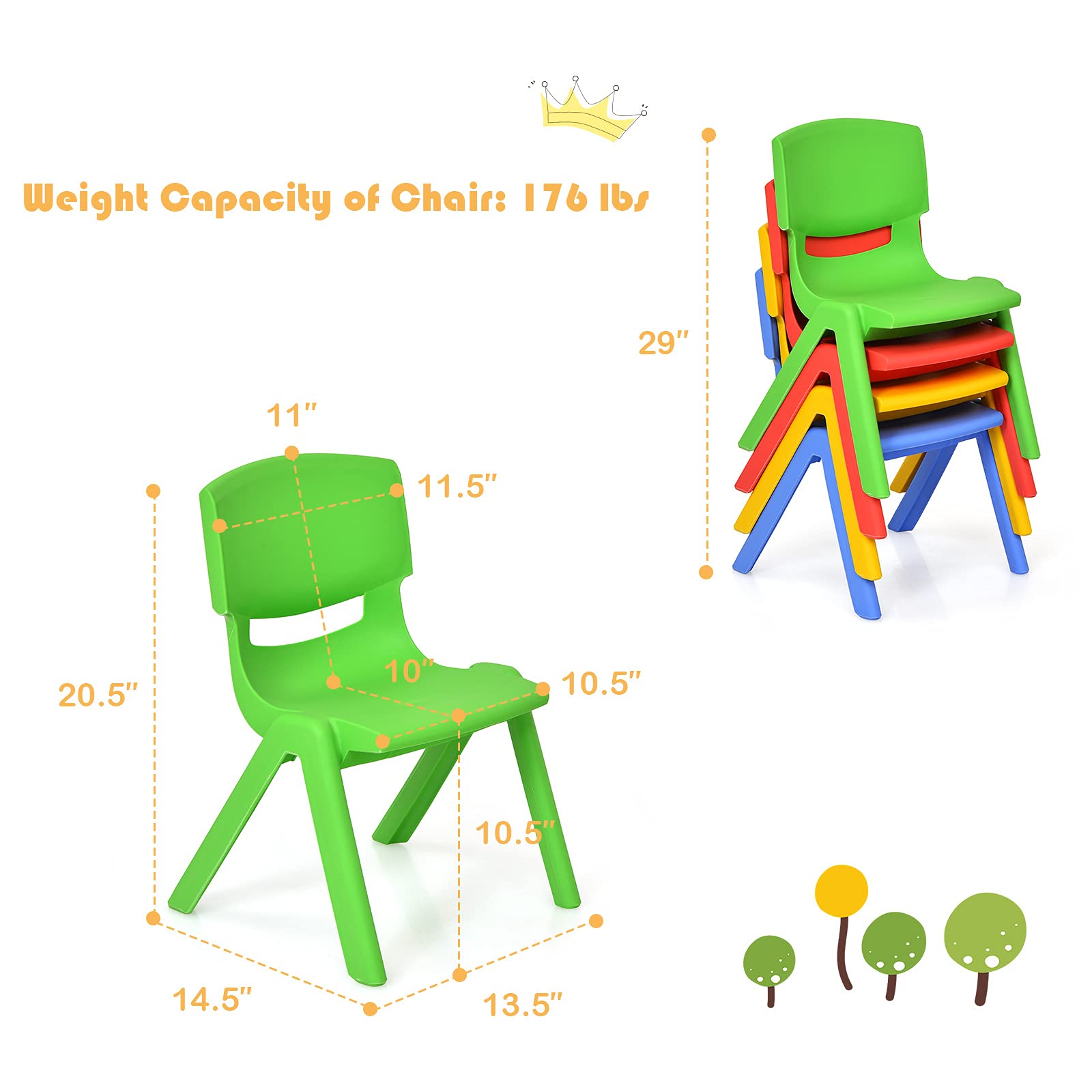 KOTEK Kids Plastic Table and Chair Set - 4 Stackable Chairs with Green Activity Table, Colorful Playroom Furniture for Learning & Fun | Perfect for Preschool, Daycare & Home Play Areas