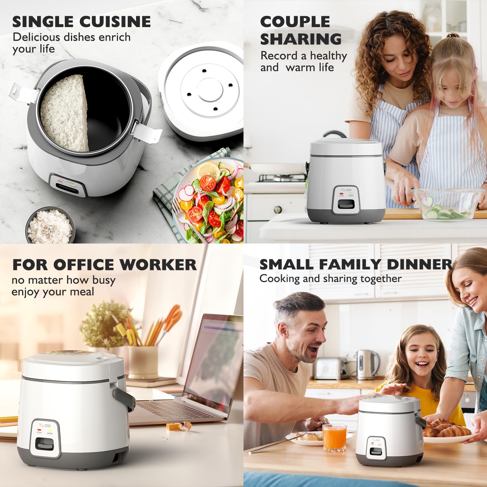 TLOG Mini Rice Cooker 2-Cup Uncooked (4-Cup Cooked) - 1.2L Small Rice Maker with Non-Stick Coating for 1-3 People | Portable Travel Fast Cooker with Steam Tray | Perfect for White Rice, Oatmeal, Grains & Vegetables | Ideal for Home, Office, Dorm & Camping Use