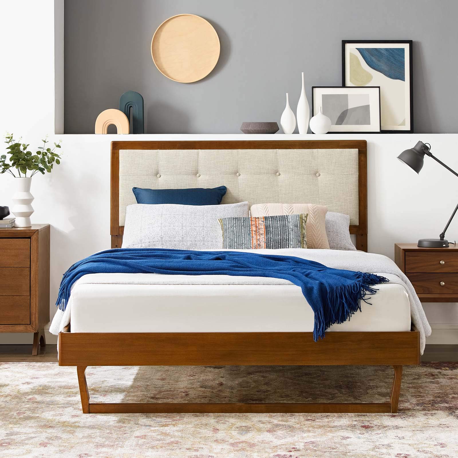 Modway MOD-6634-WAL-BEI Solid Wood Platform Bed Frame with Angular Design in Walnut Beige - Full Size Modern Bedroom Furniture for Small Spaces & Guest Rooms