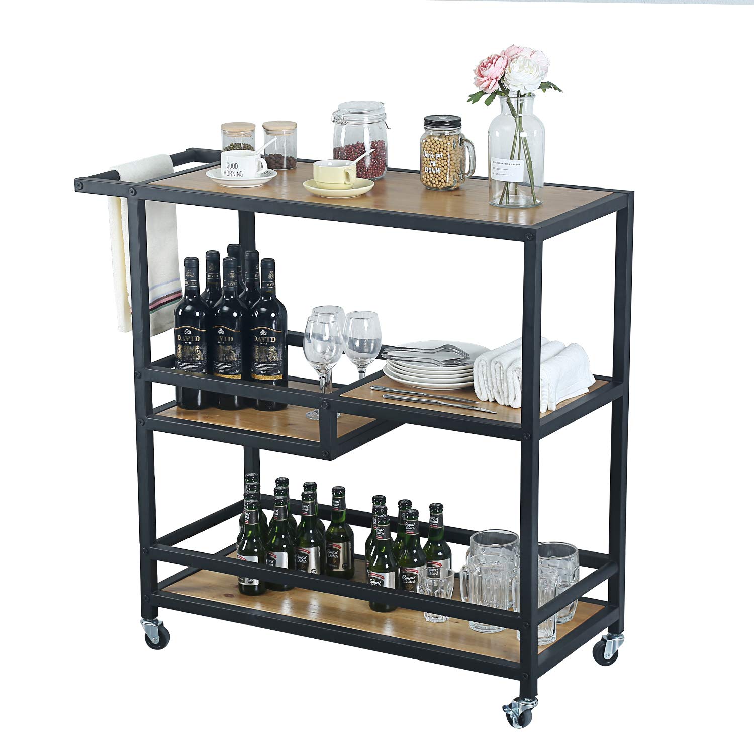 3-Tier Rolling Bar Cart with Wheels - Industrial Modern Rustic Wood & Metal Kitchen Serving Cart for Coffee, Wine & Storage - Black | Perfect for Home Bars, Dining Rooms & Entertaining Spaces
